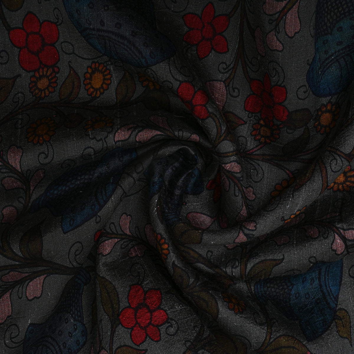 Pewter Floral Digital Print Raw Silk Fabric