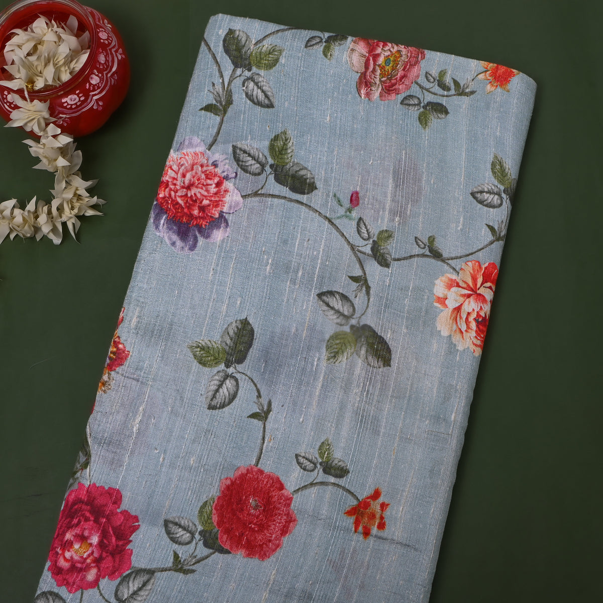 Mist Blue Rose Vine Digital Print Raw Silk Fabric