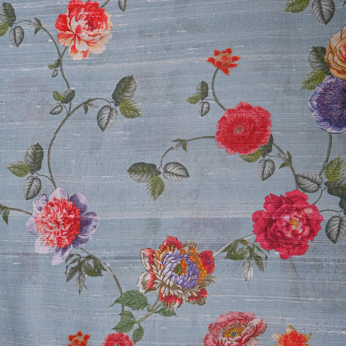 Mist Blue Rose Vine Digital Print Raw Silk Fabric
