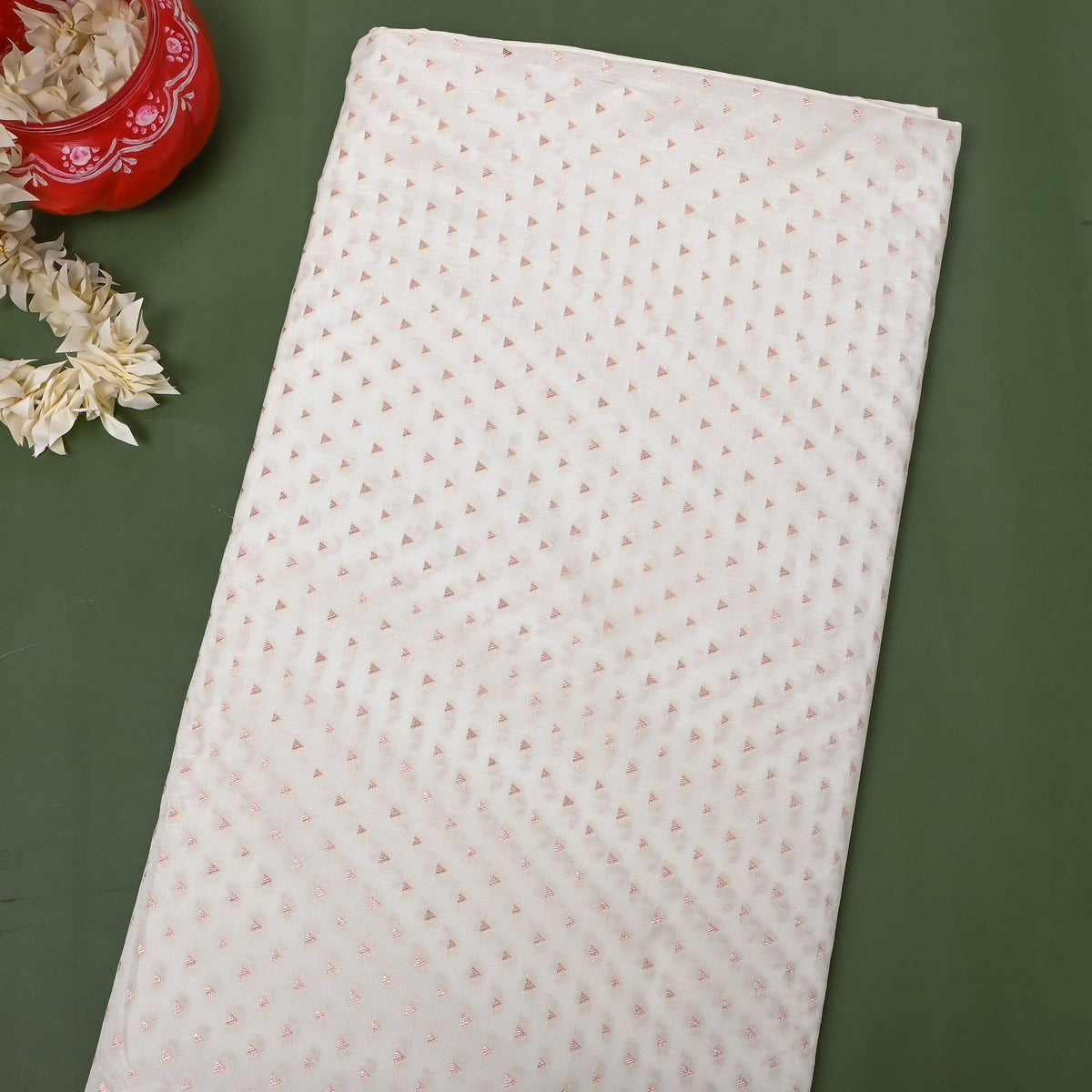 Frost White Gold Zari Triangle Butti Jamawar Silk Fabric