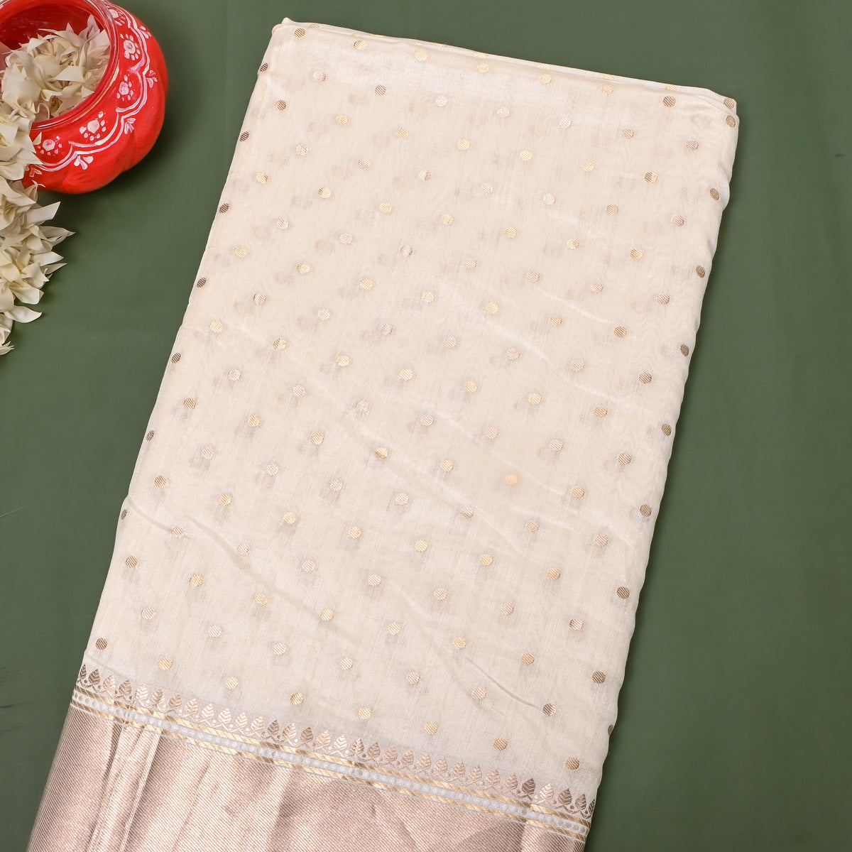 Ivory White Gold Zari Dot Border Jamawar Silk Fabric