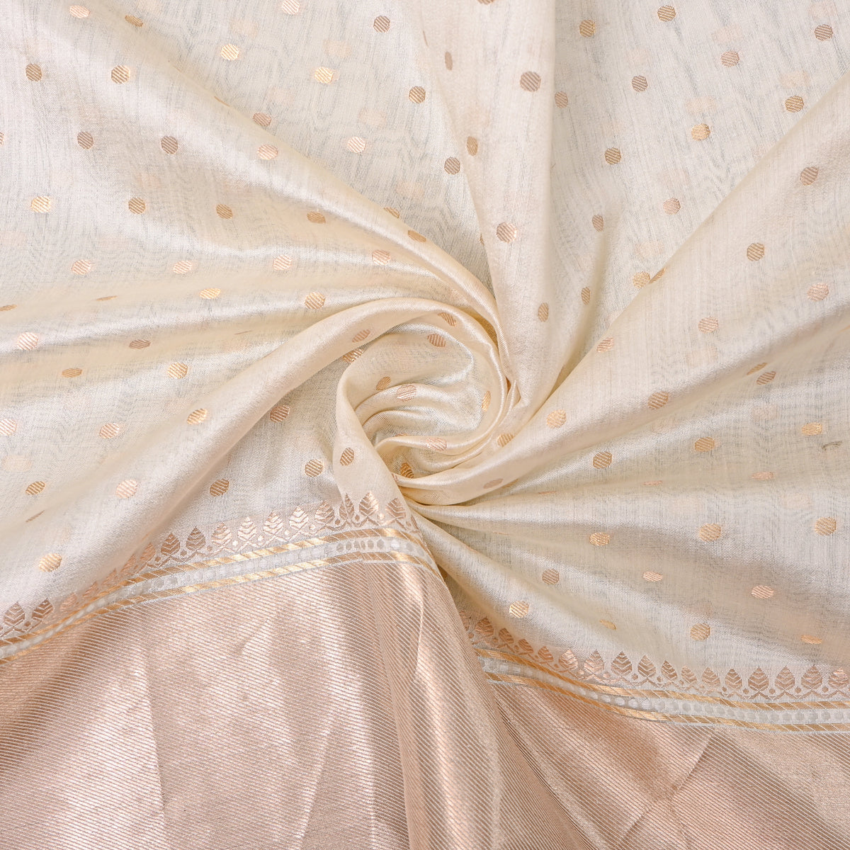 Pearl White Gold Zari Butti Border Jamawar Silk Fabric