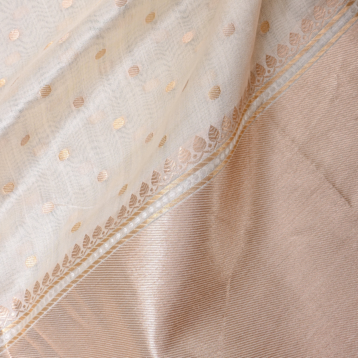 Pearl White Gold Zari Butti Border Jamawar Silk Fabric