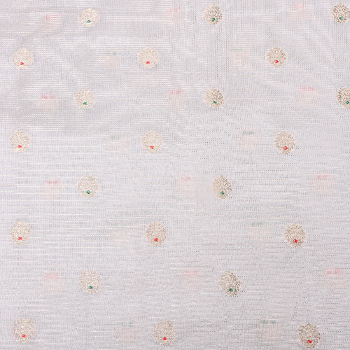 White Gold Zari Botanical Butti Jamawar Silk Fabric