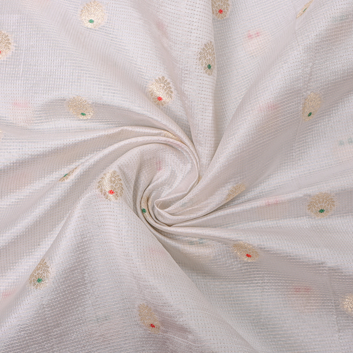 White Gold Zari Botanical Butti Jamawar Silk Fabric