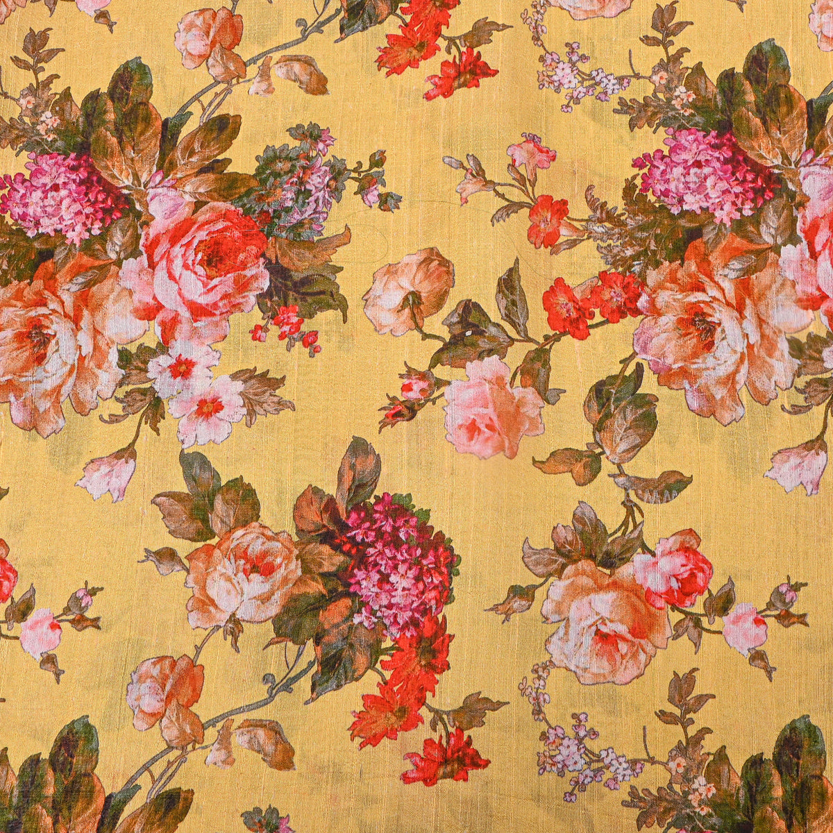 Bright Yellow Floral Digital Print Silk Fabric