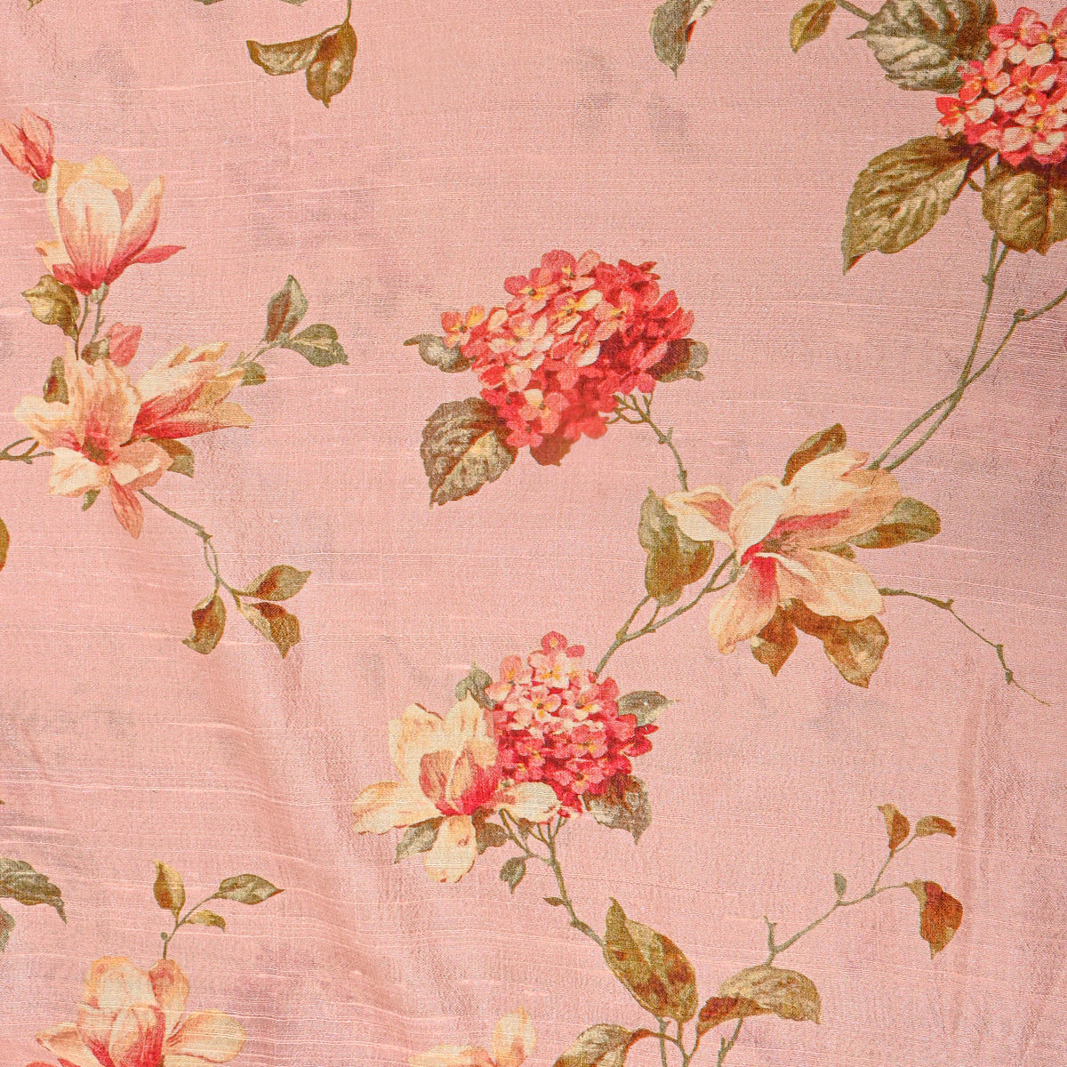 Rosewater Peach Magnolia Hydrangea Digital Print Raw Silk Fabric