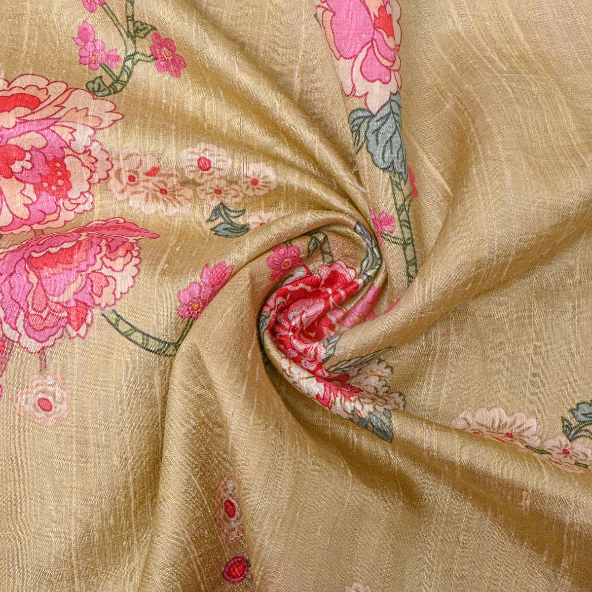 Sand Peony Floral Digital Print Raw Silk Fabric