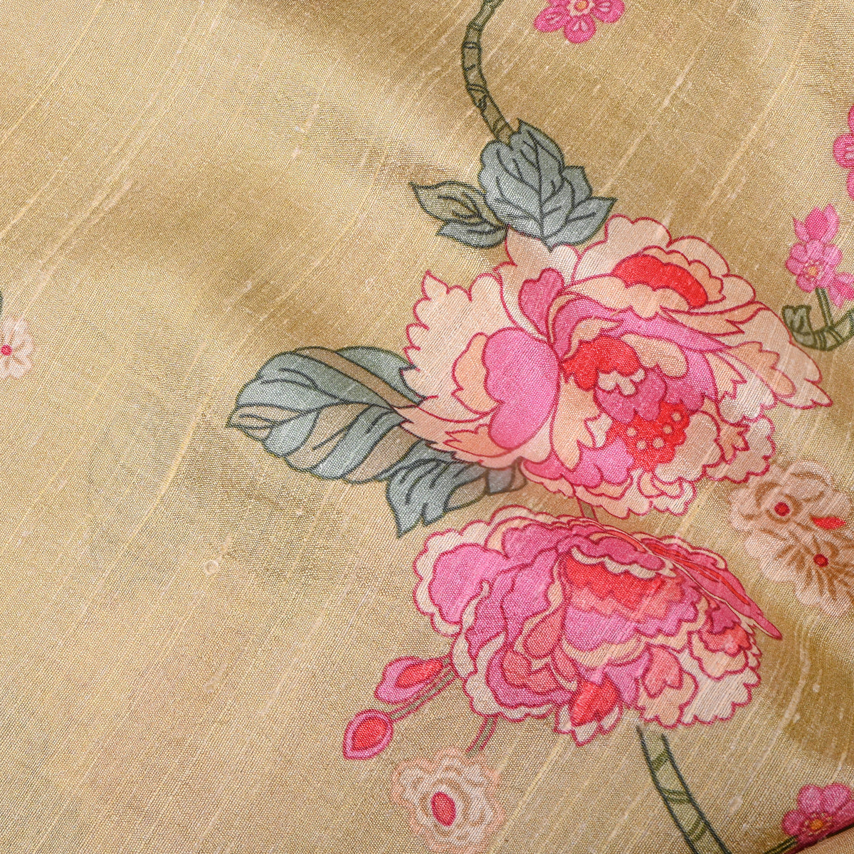 Sand Peony Floral Digital Print Raw Silk Fabric