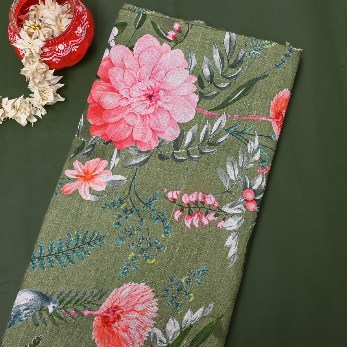 Olive Green Bird Garden Digital Print Raw Silk Fabric