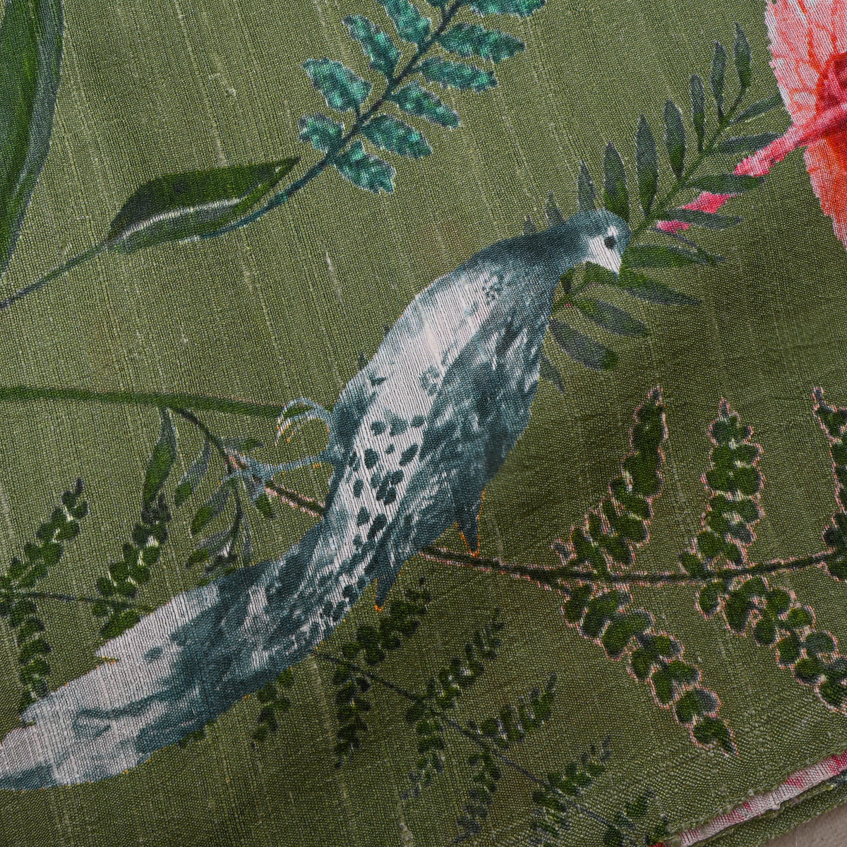 Olive Green Bird Garden Digital Print Raw Silk Fabric