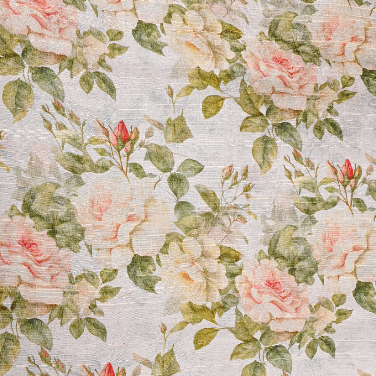 Alabaster Pink Rose Digital Print Tussar Silk Fabric
