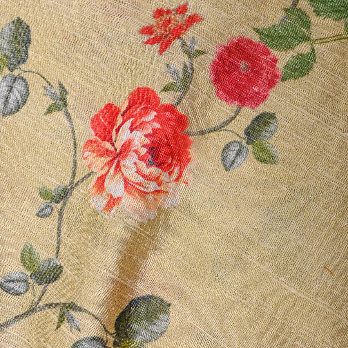 Pistachio Rose Vine Digital Print Raw Silk Fabric