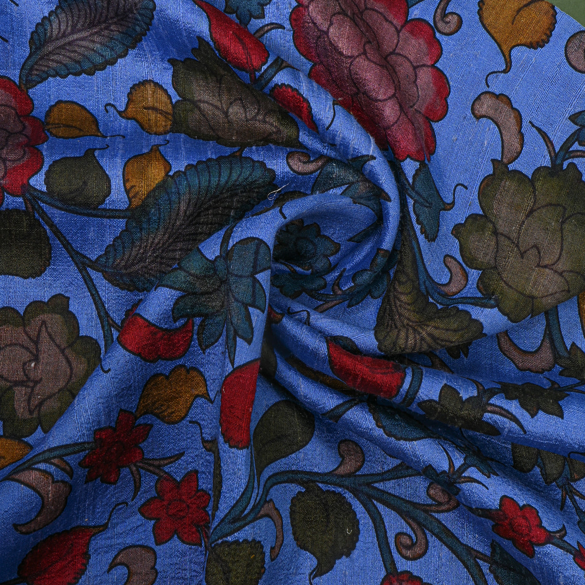 Periwinkle Blue Kalamkari Floral Jaal Digital Print Raw Silk Fabric