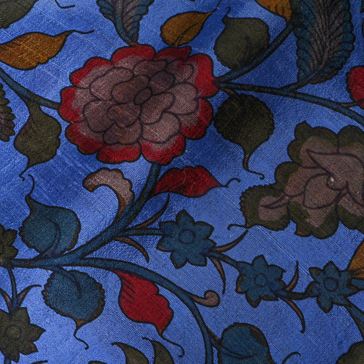 Periwinkle Blue Kalamkari Floral Jaal Digital Print Raw Silk Fabric