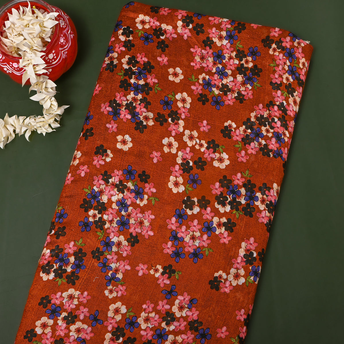 Rust Orange Blossom Cluster Print Silk Fabric