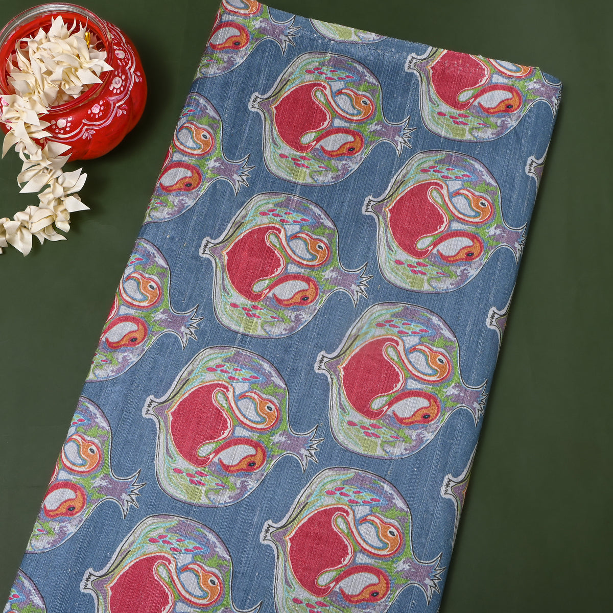 Denim Blue Pomegranate Bird Print Silk Fabric