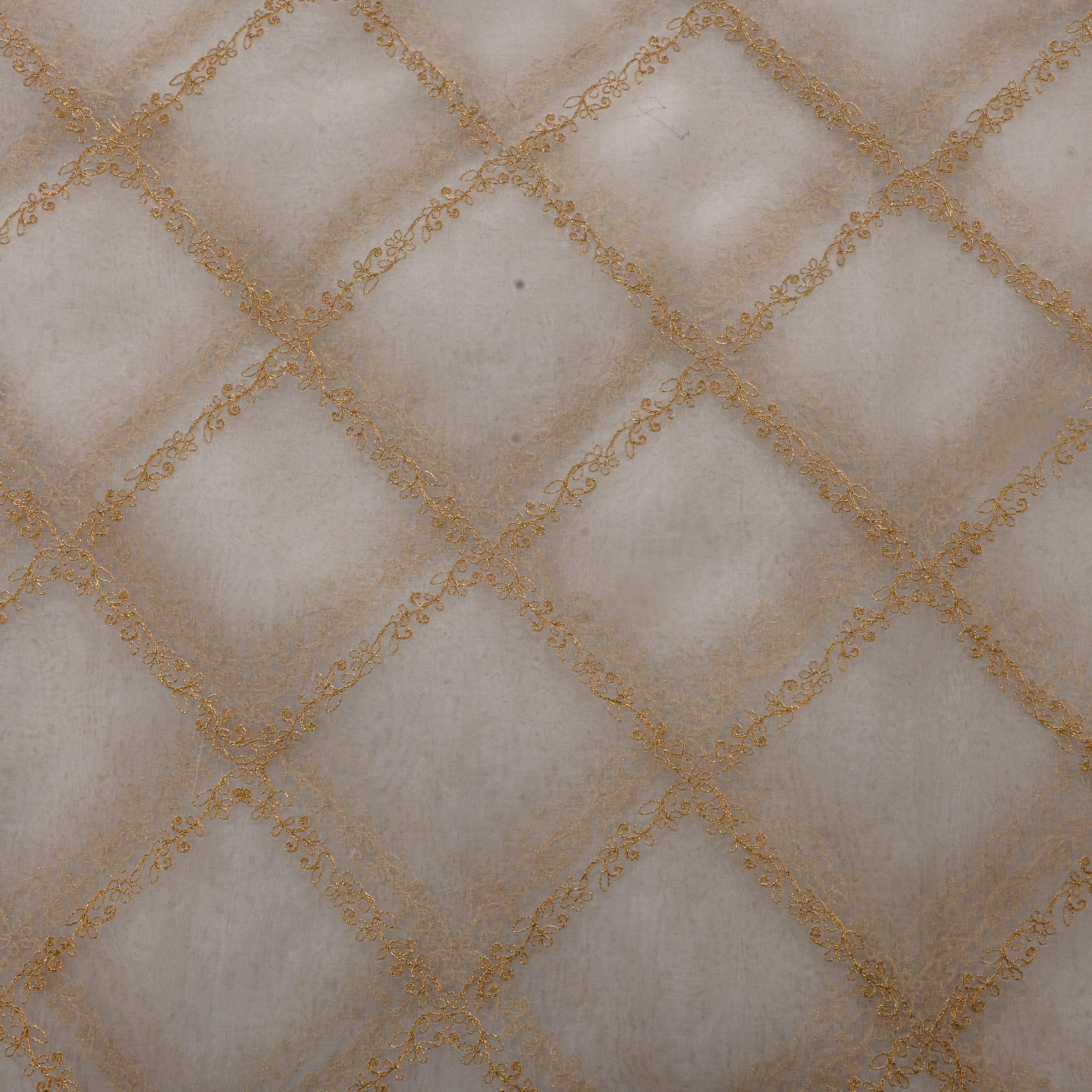 White Gold Trellis Embroidered Organza Fabric