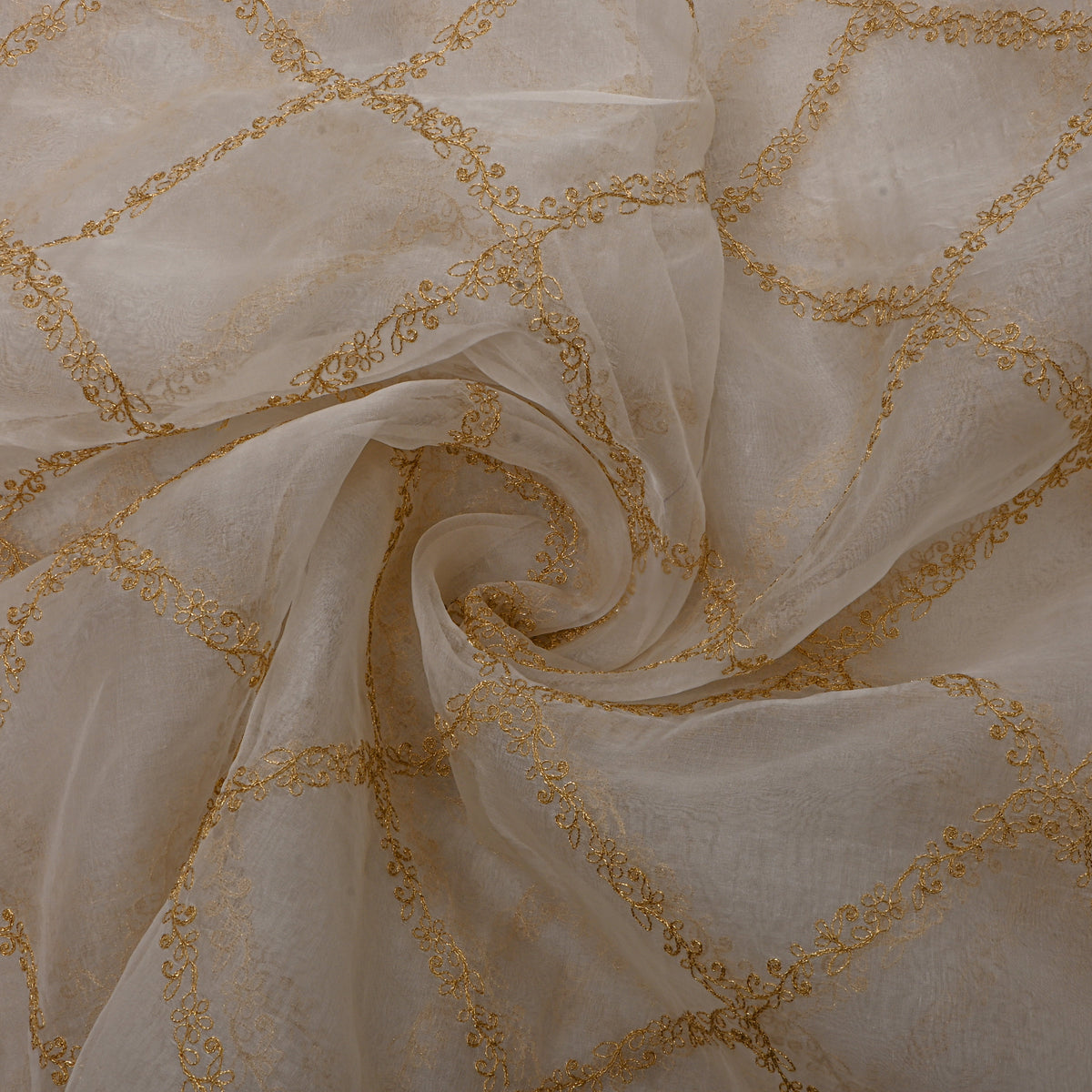 White Gold Trellis Embroidered Organza Fabric