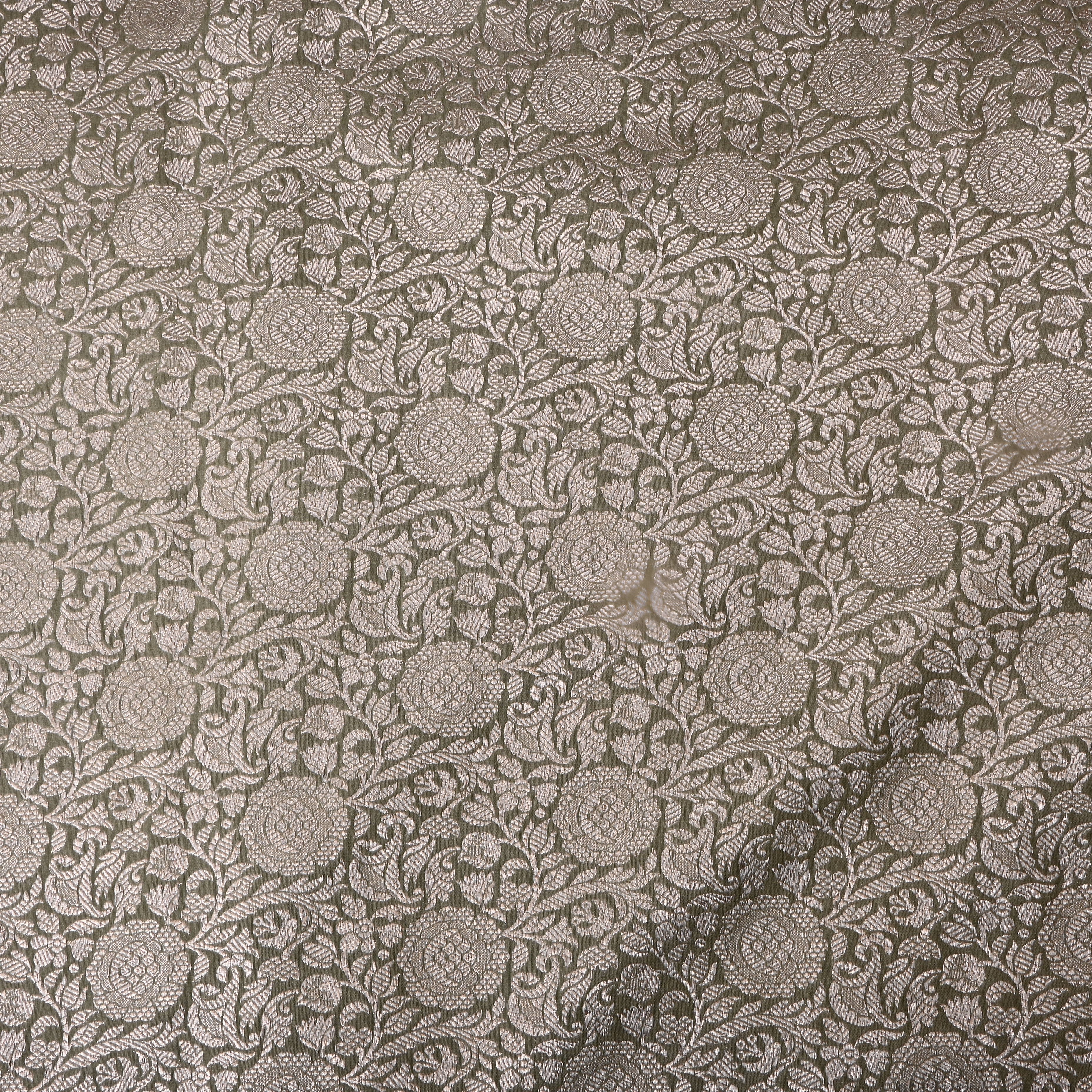 Dusty Green Floral Jamawar Silk Fabric