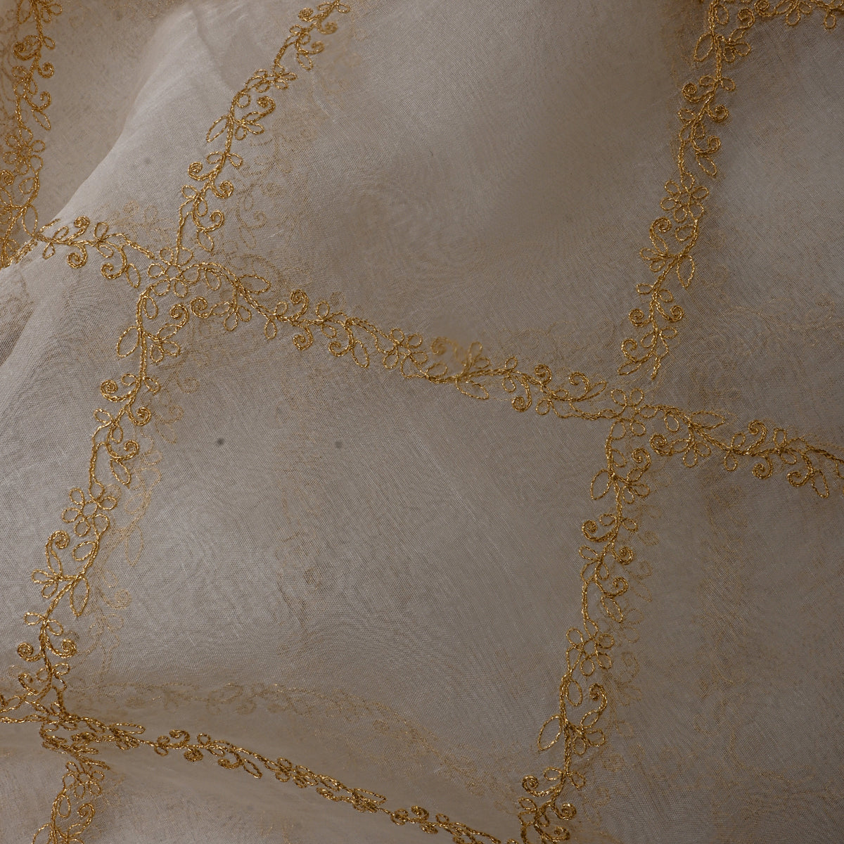 White Gold Trellis Embroidered Organza Fabric