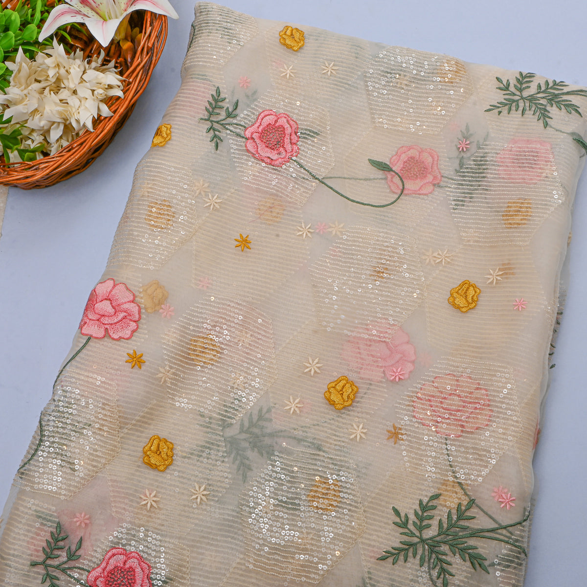 White Multicolour Sequin Floral Organza Fabric