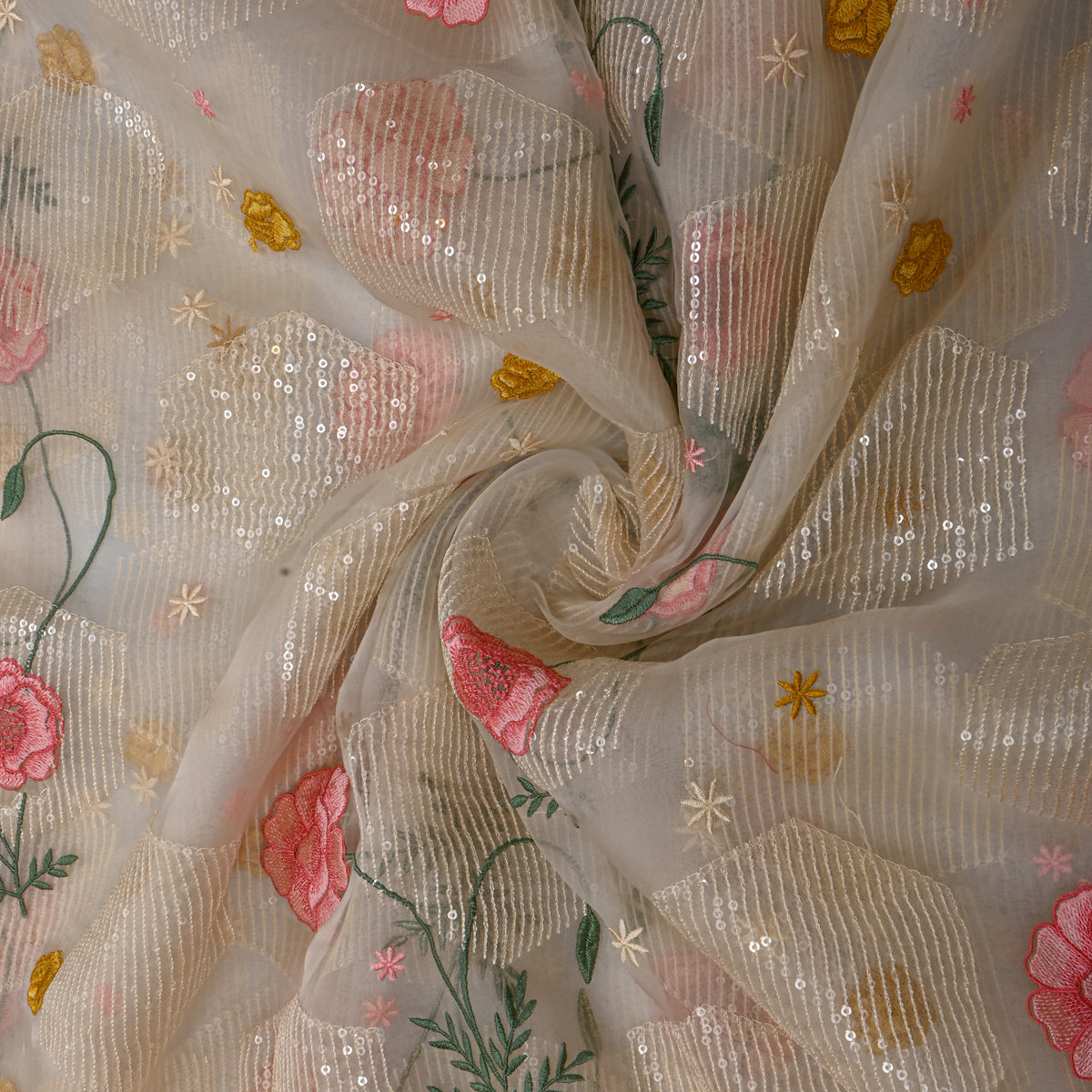 White Multicolour Sequin Floral Organza Fabric