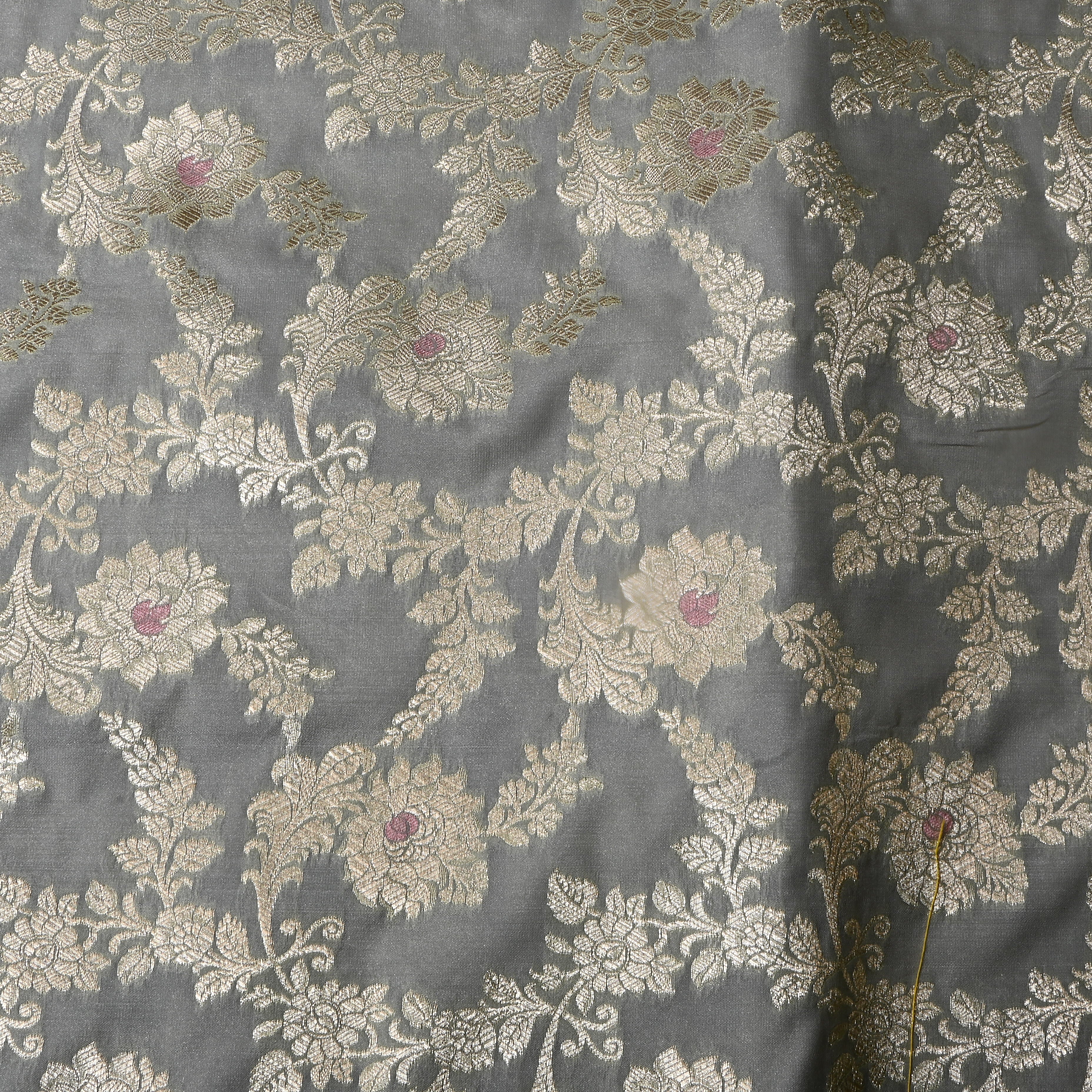 Grey Floral Jamawar Silk Fabric