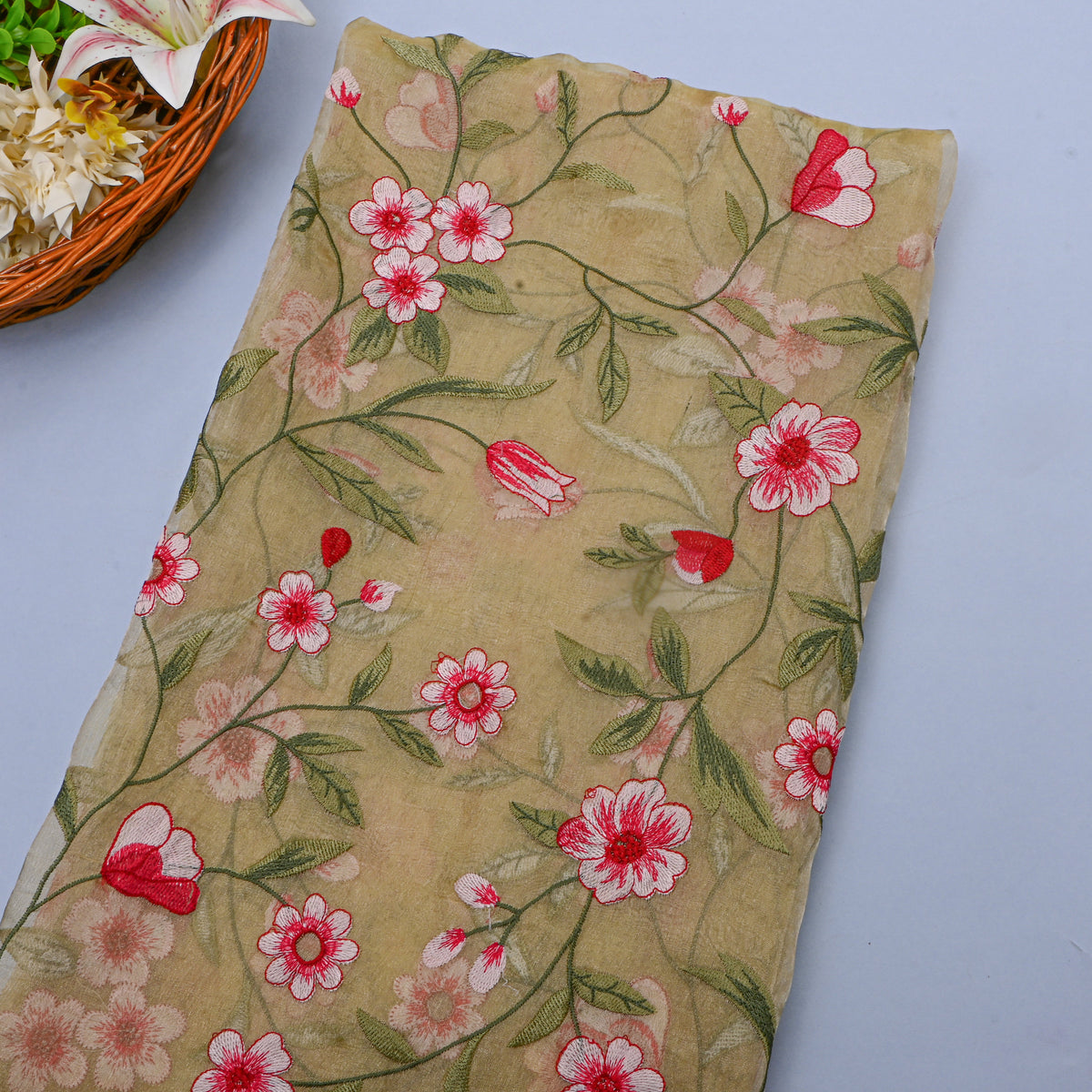 Bright Green Tissue Fabric With Floral Jaal Thread Work