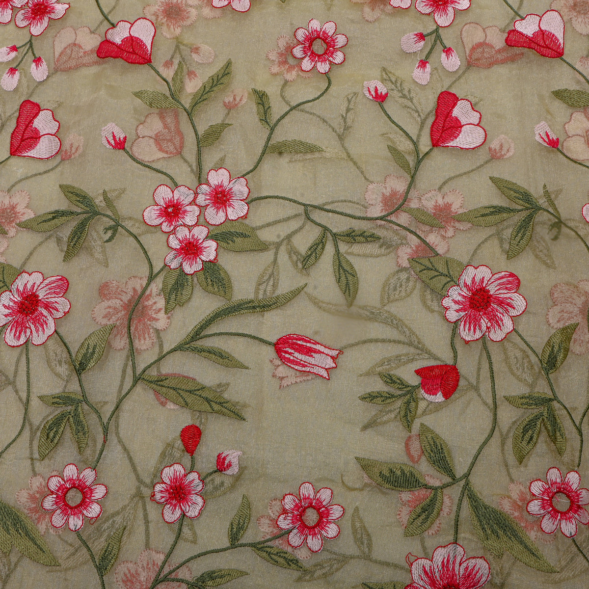 Bright Green Tissue Fabric With Floral Jaal Thread Work
