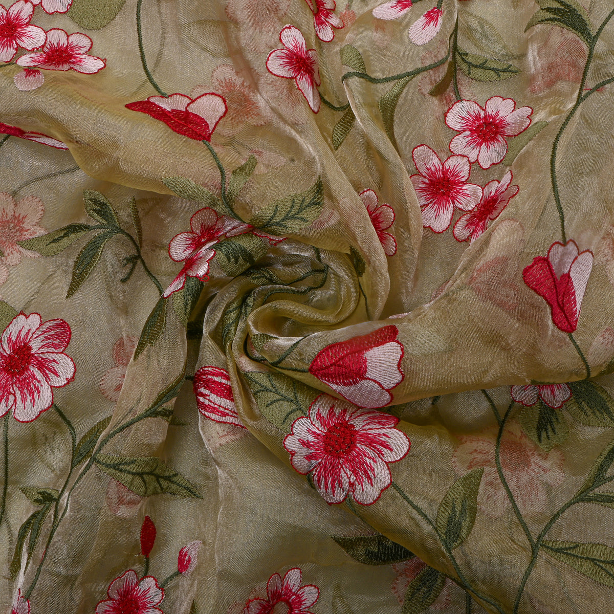 Bright Green Tissue Fabric With Floral Jaal Thread Work