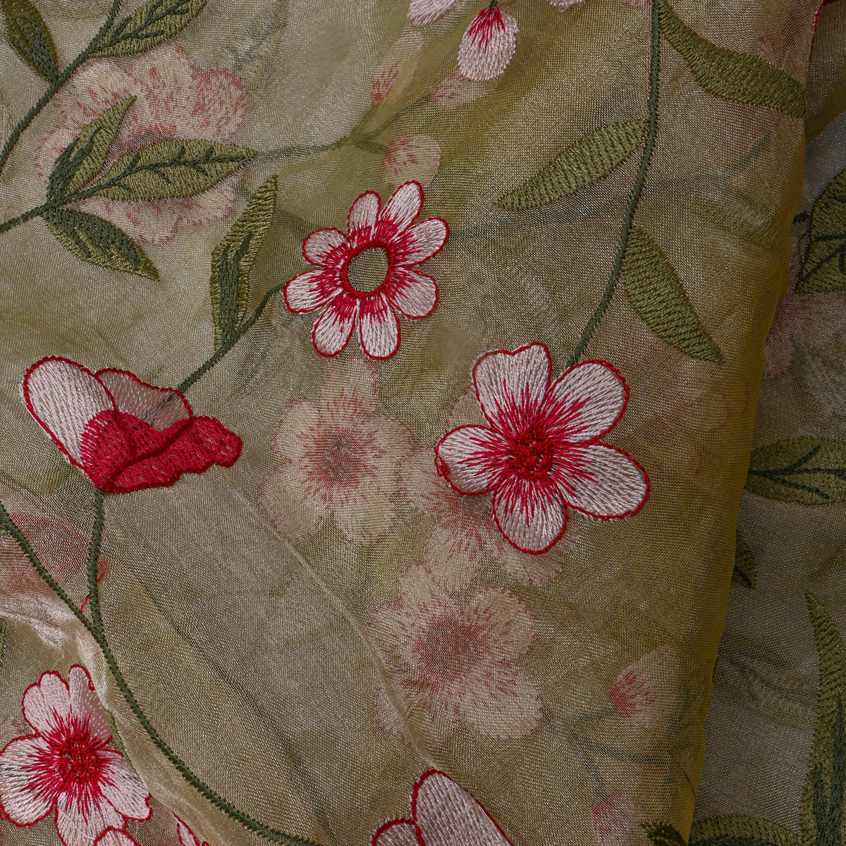 Bright Green Tissue Fabric With Floral Jaal Thread Work