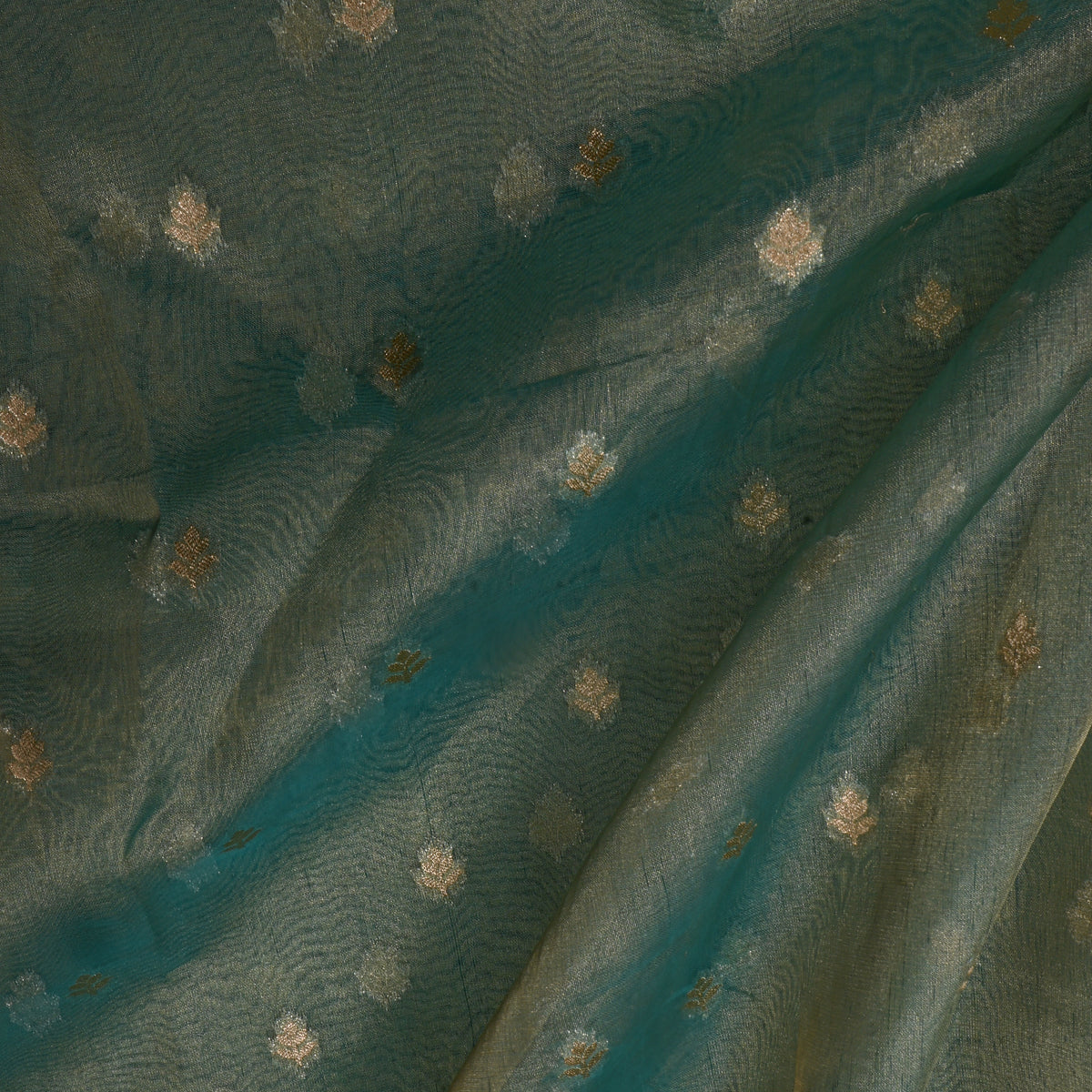 Teal Gold Zari Butti Self Weaving Jamawar Tissue Fabric