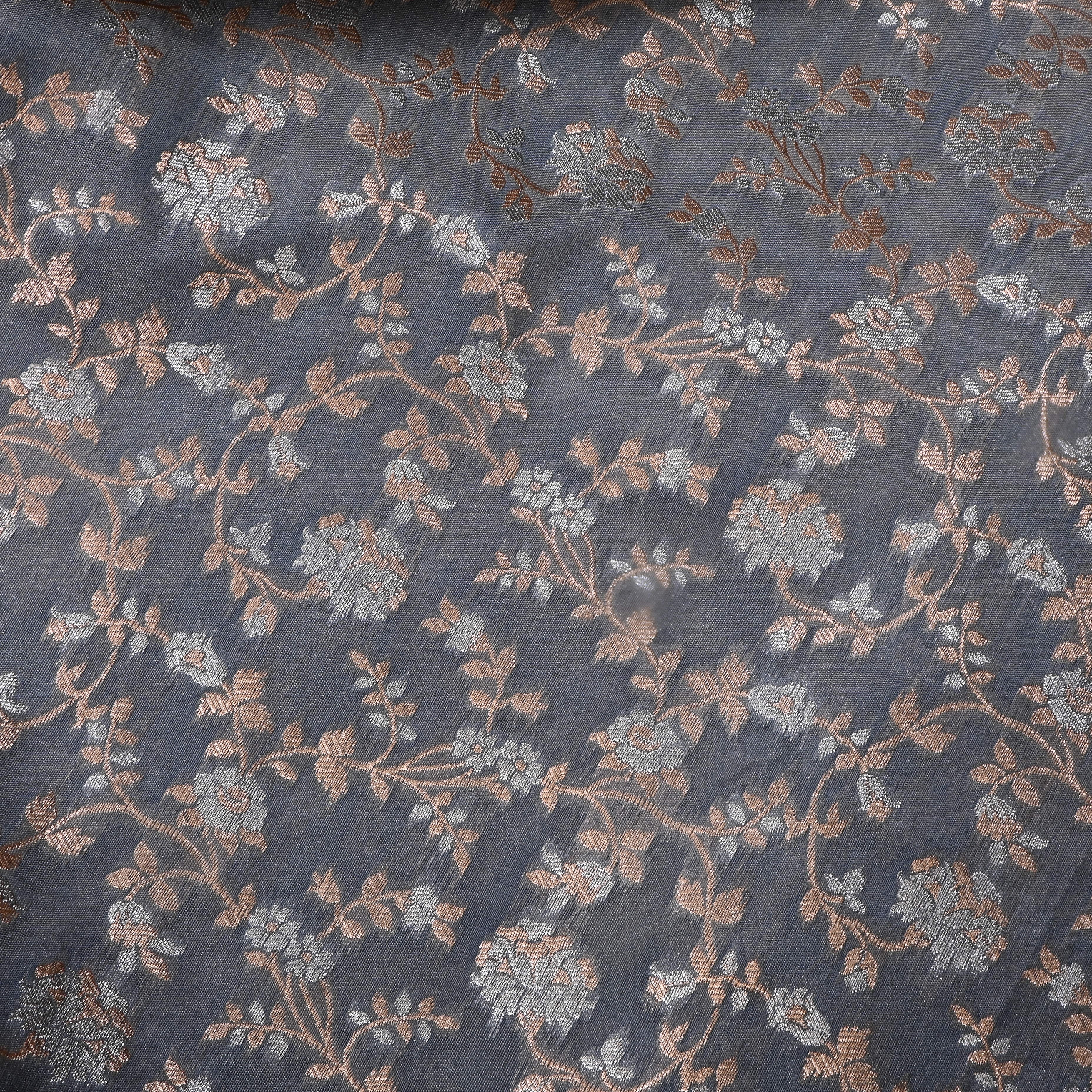 Ash Grey Floral Jamawar Silk Fabric