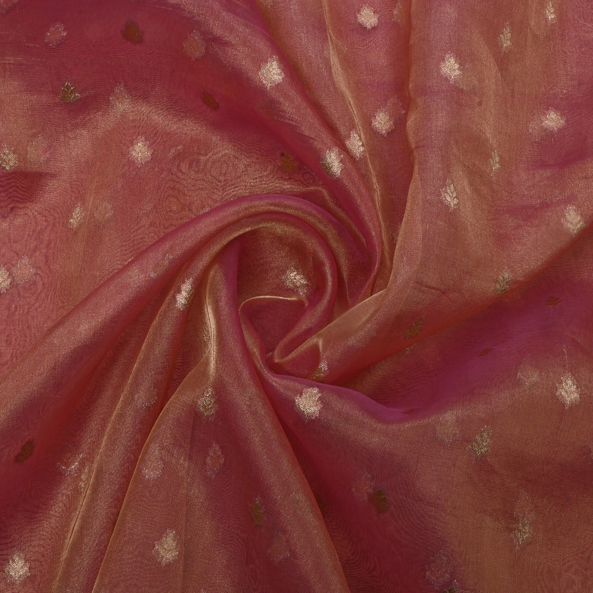 Rose Pink Gold Butti Self Weave Jamawar Tissue Fabric