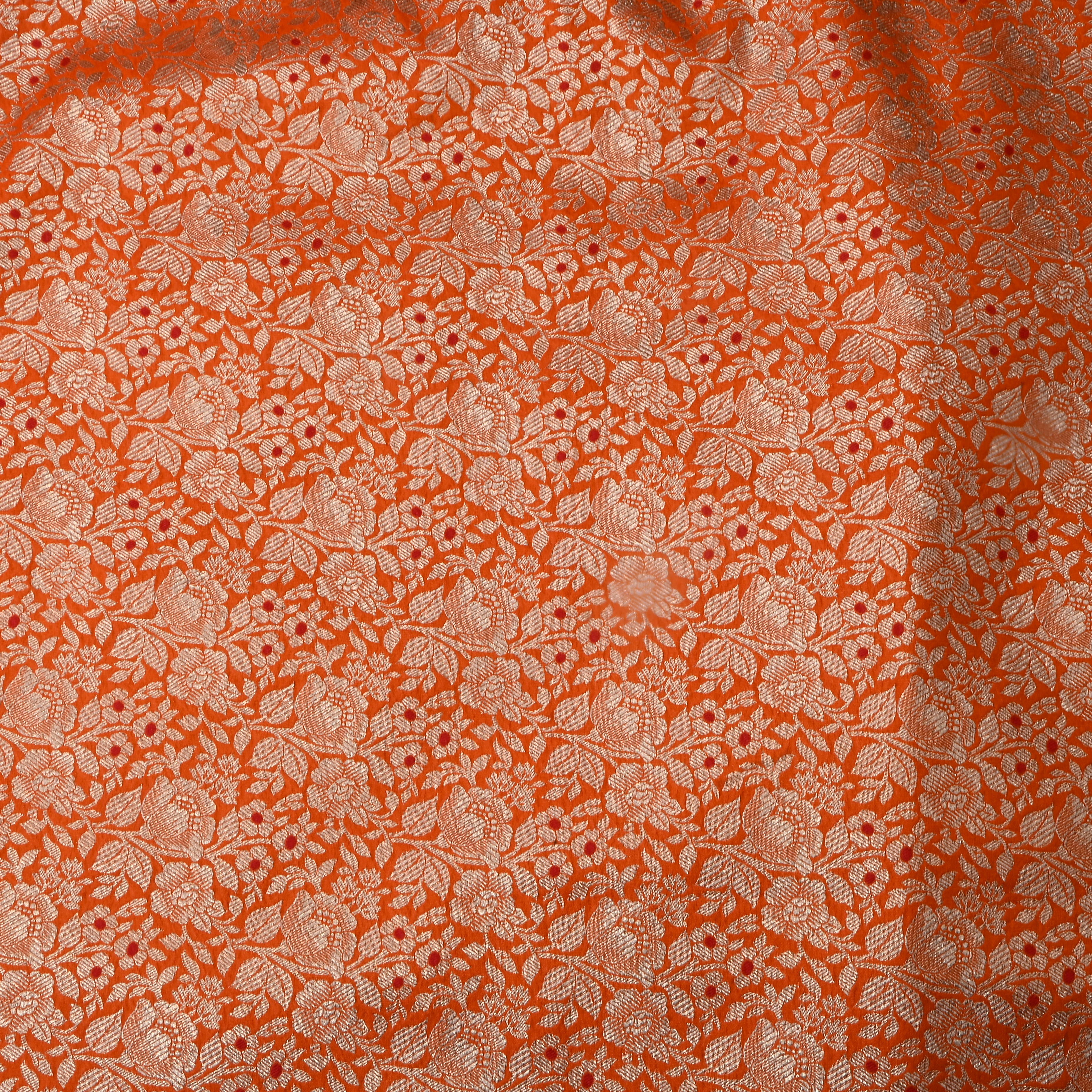 Bright Orange Floral Woven Jamawar Silk Fabric