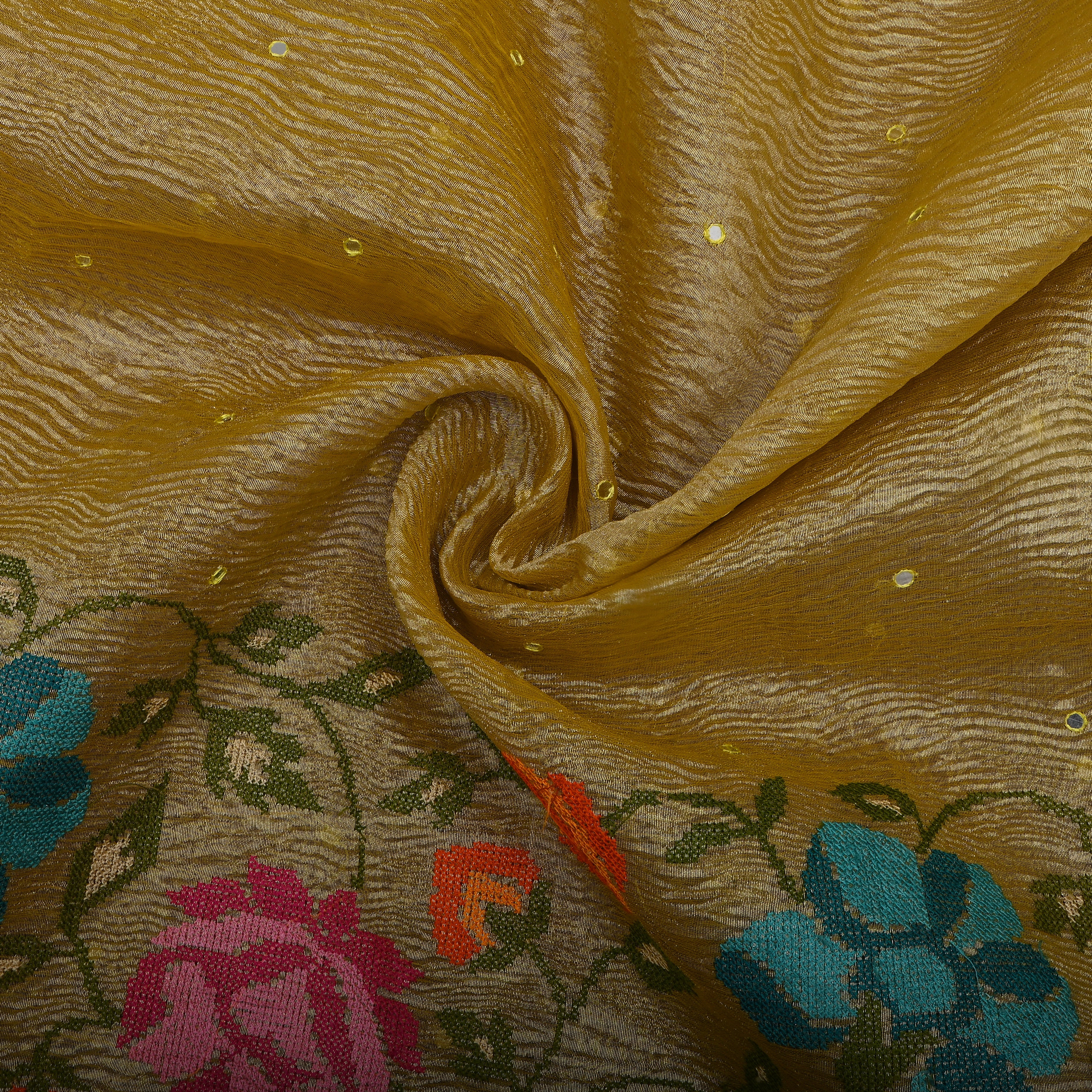 Mustard Gold Multicolour Floral Cutwork Weave Tissue Fabric