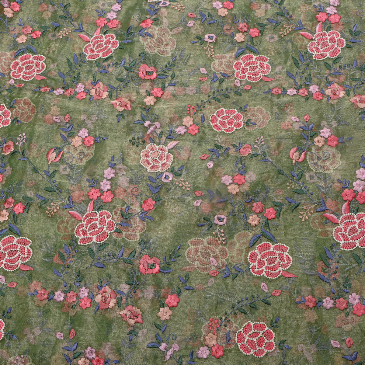 Bright Green Tissue Fabric With Gold Floral Jaal