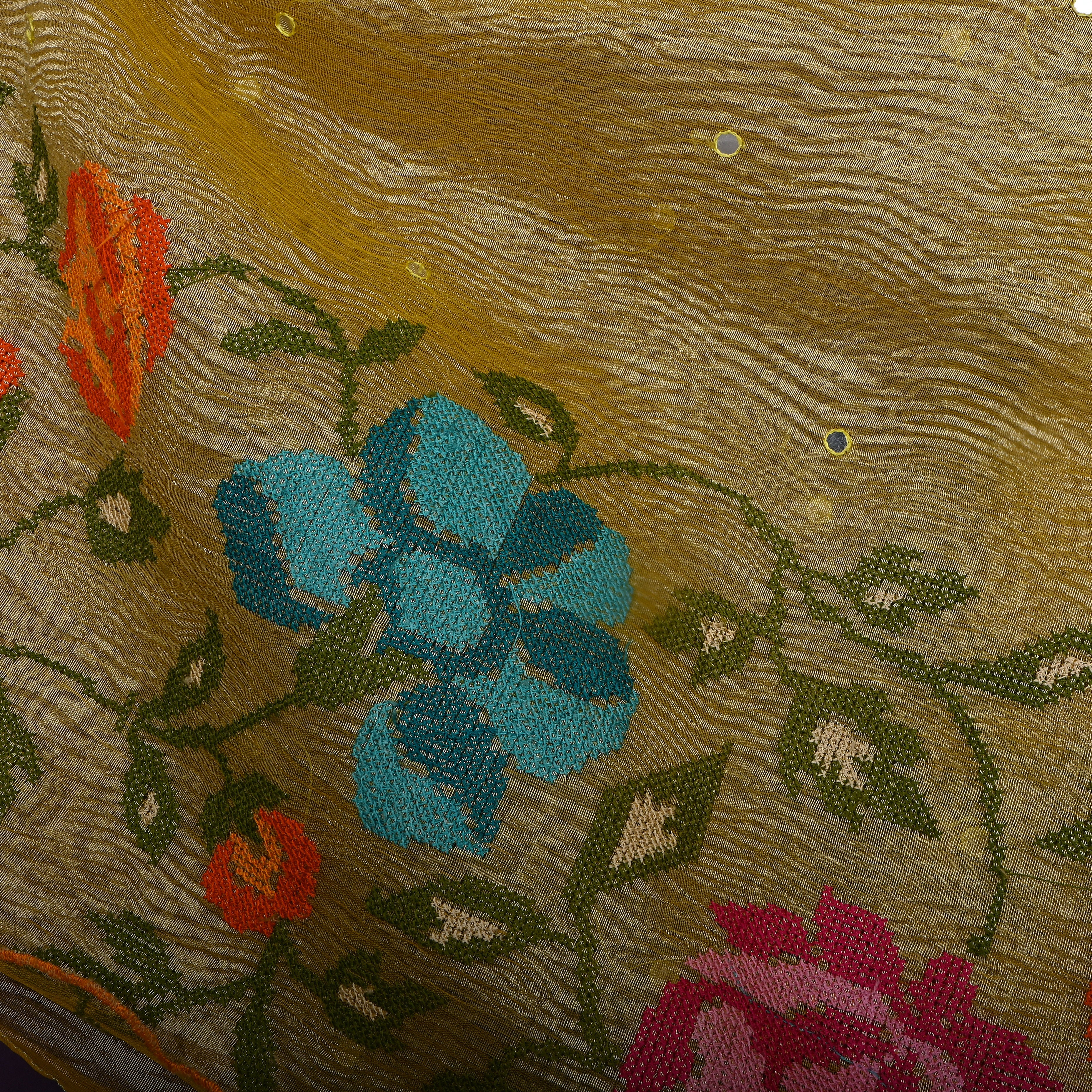 Mustard Gold Multicolour Floral Cutwork Weave Tissue Fabric