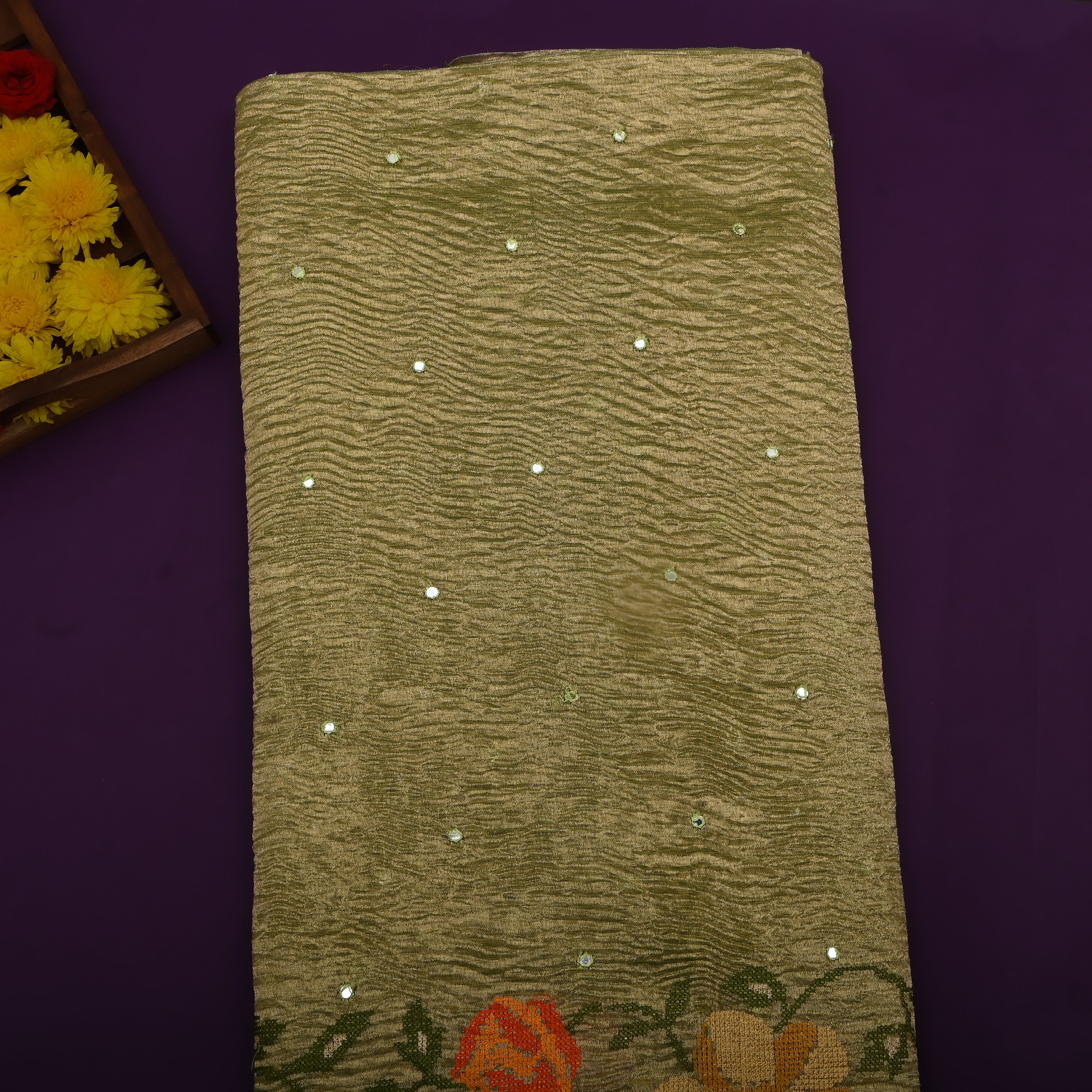 Olive Gold Self-Tone Floral Mirror Work Tissue Fabric