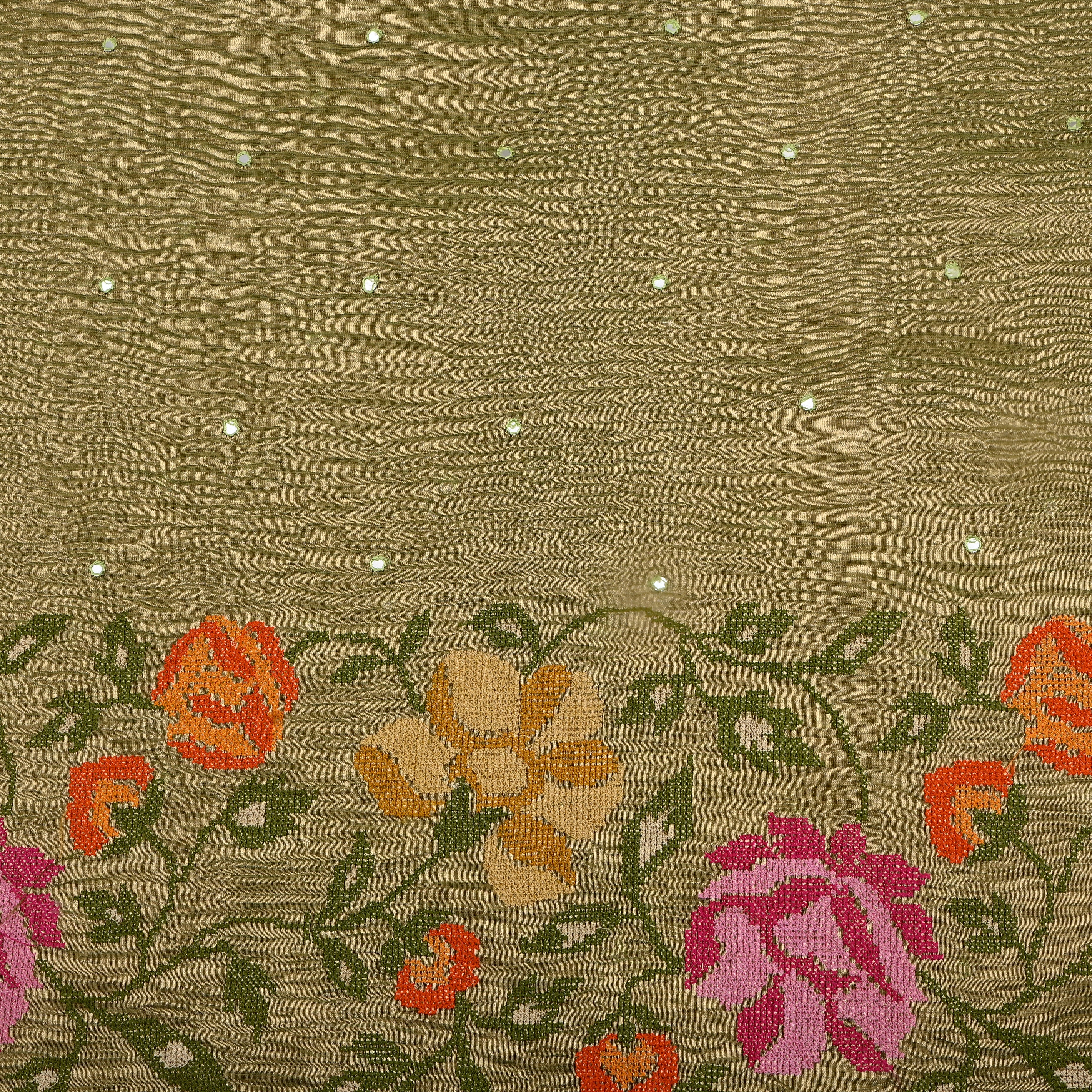 Olive Gold Self-Tone Floral Mirror Work Tissue Fabric