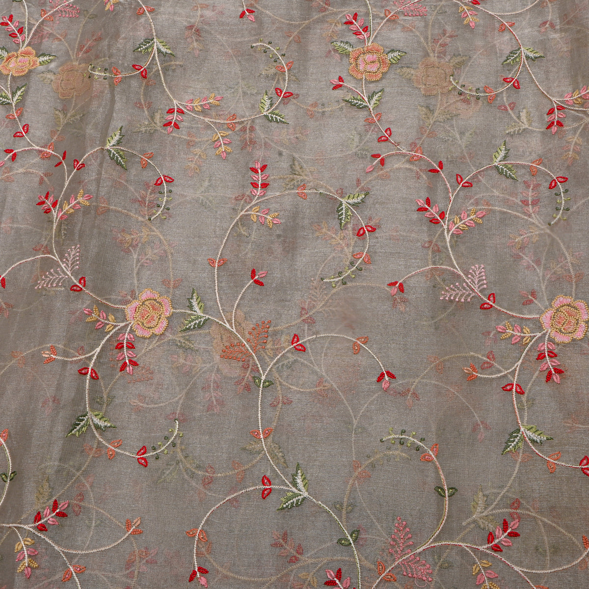 Dark Grey Tissue Fabric With Floral Jaal Thread Work