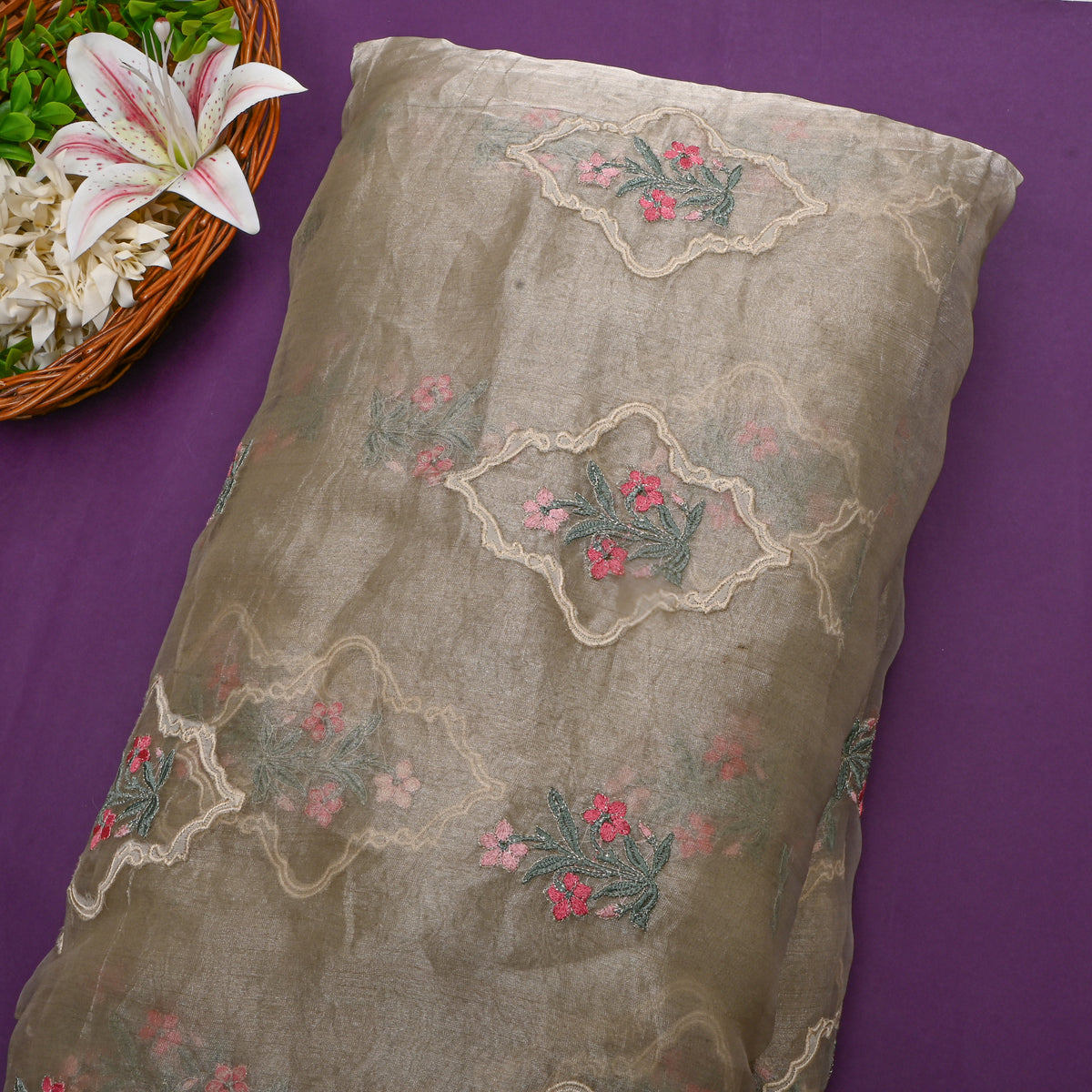 Bright Grey Tissue Fabric With Gold Floral Thread Work