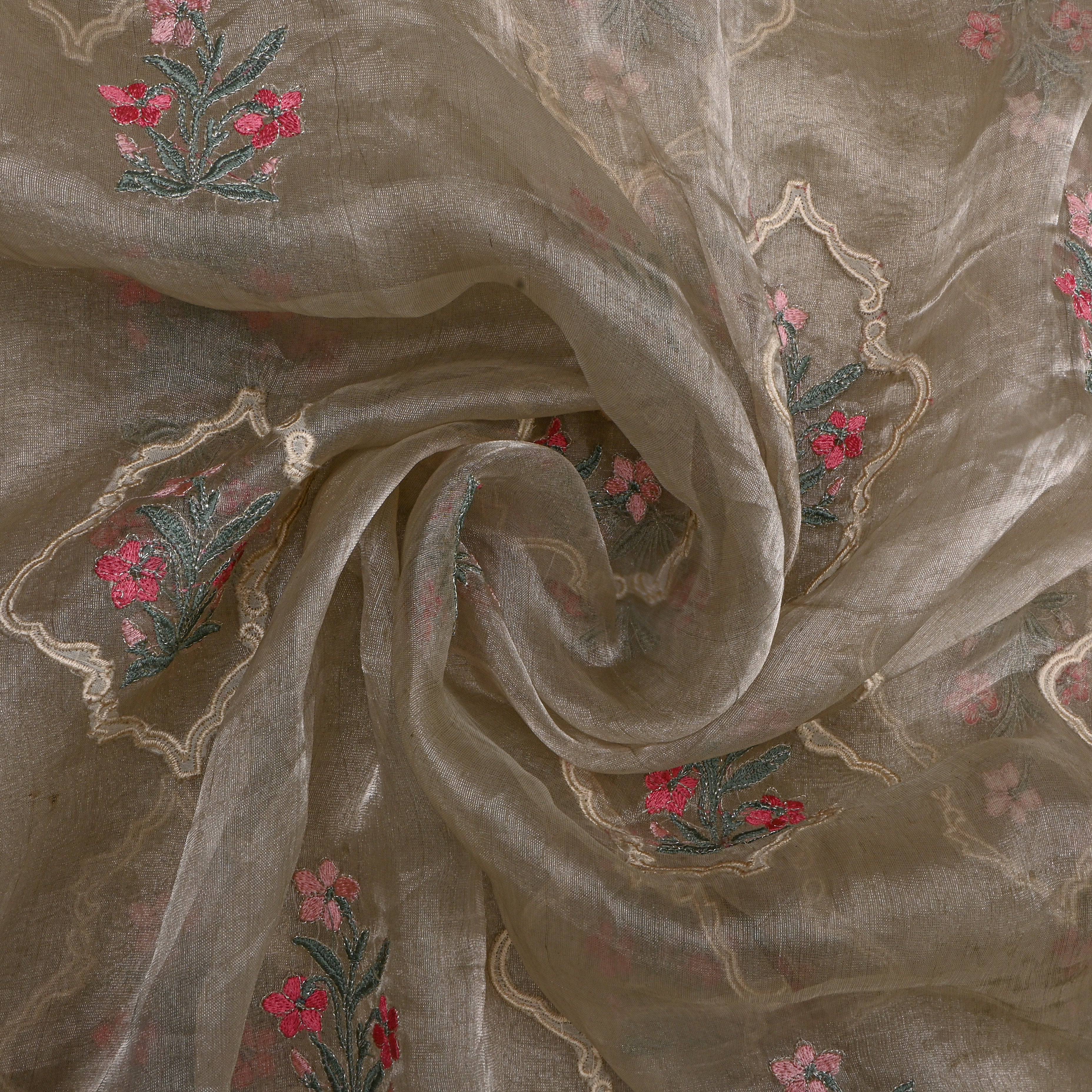 Bright Grey Tissue Fabric With Gold Floral Thread Work