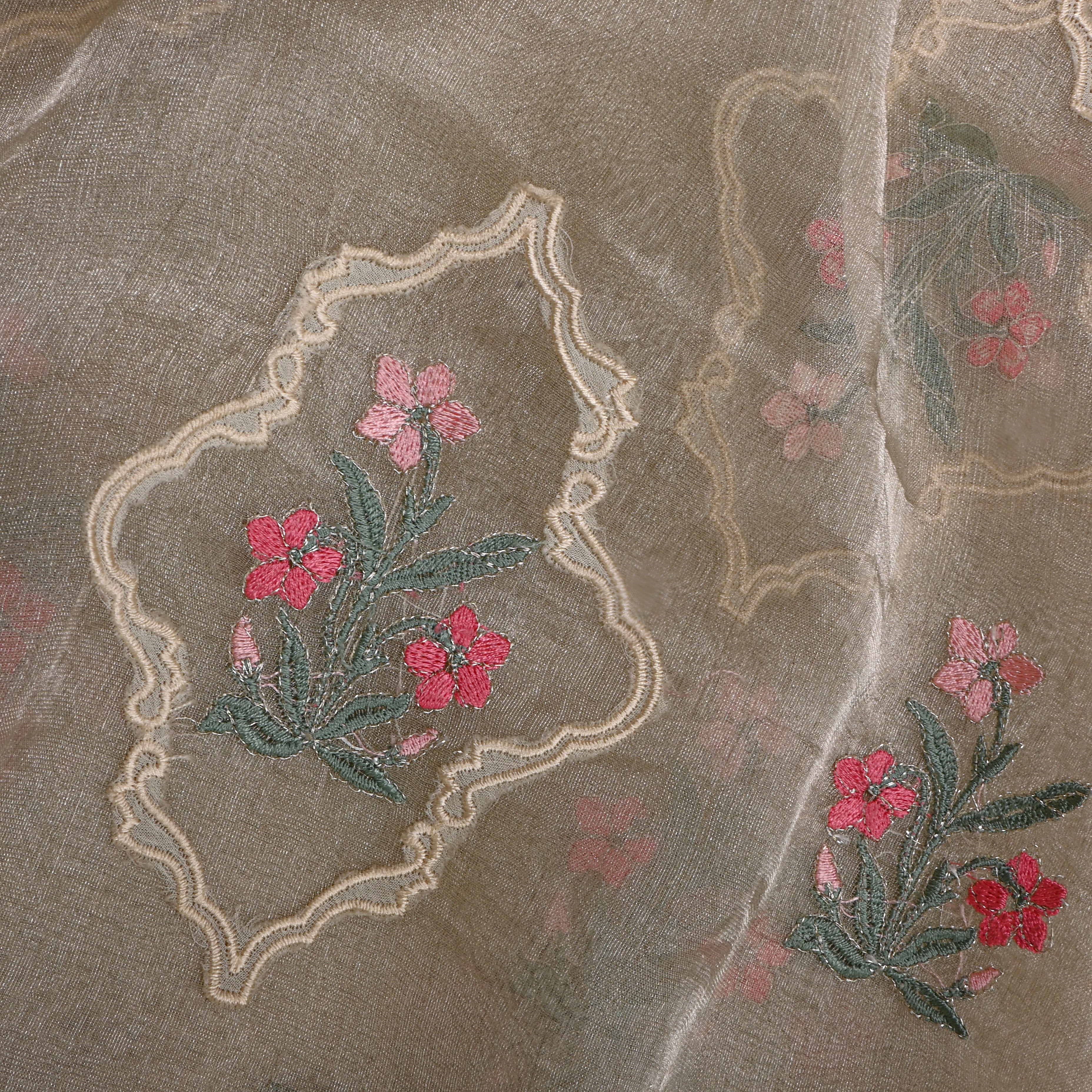 Bright Grey Tissue Fabric With Gold Floral Thread Work