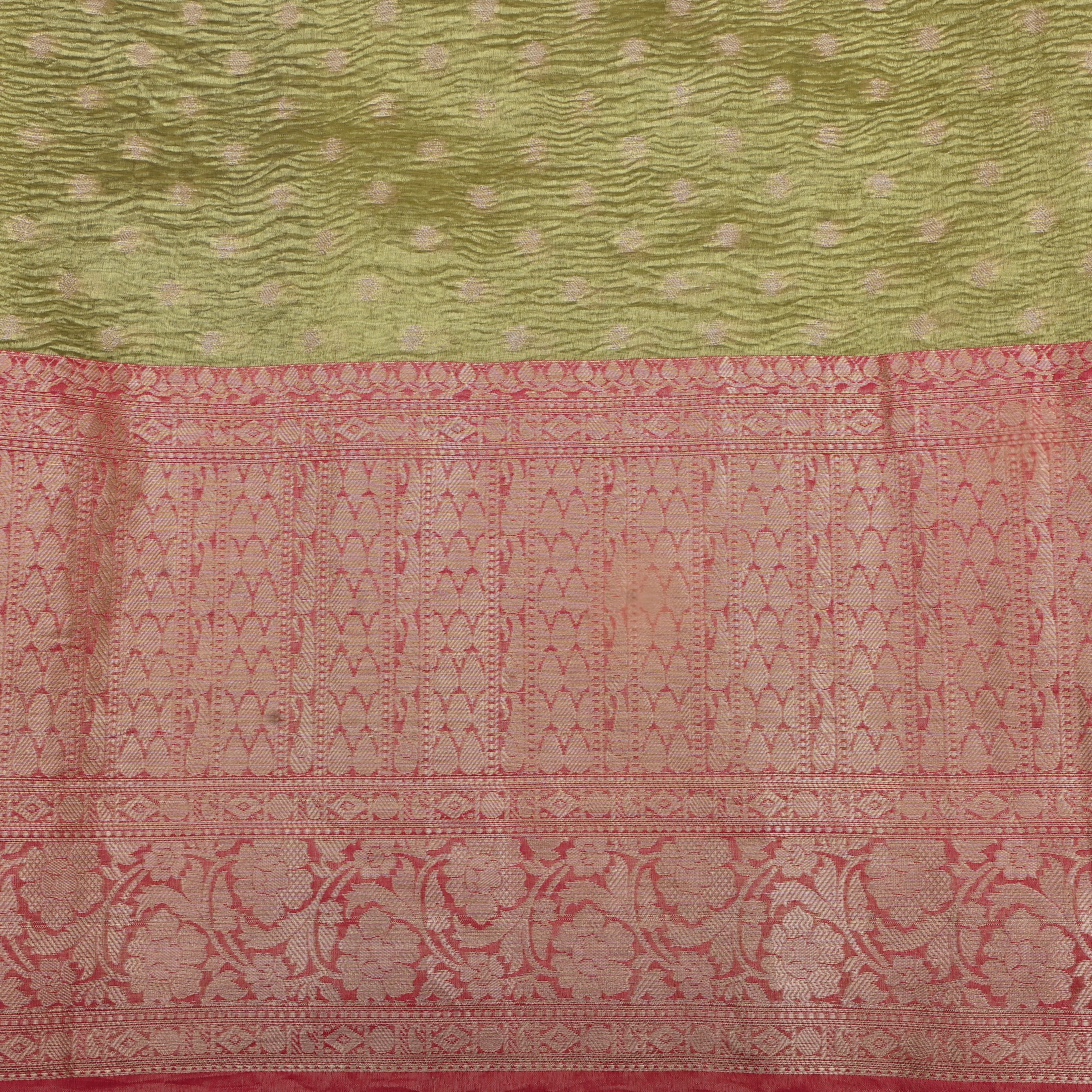 Olive Green Jamawar Tissue With Pink Kalka Border