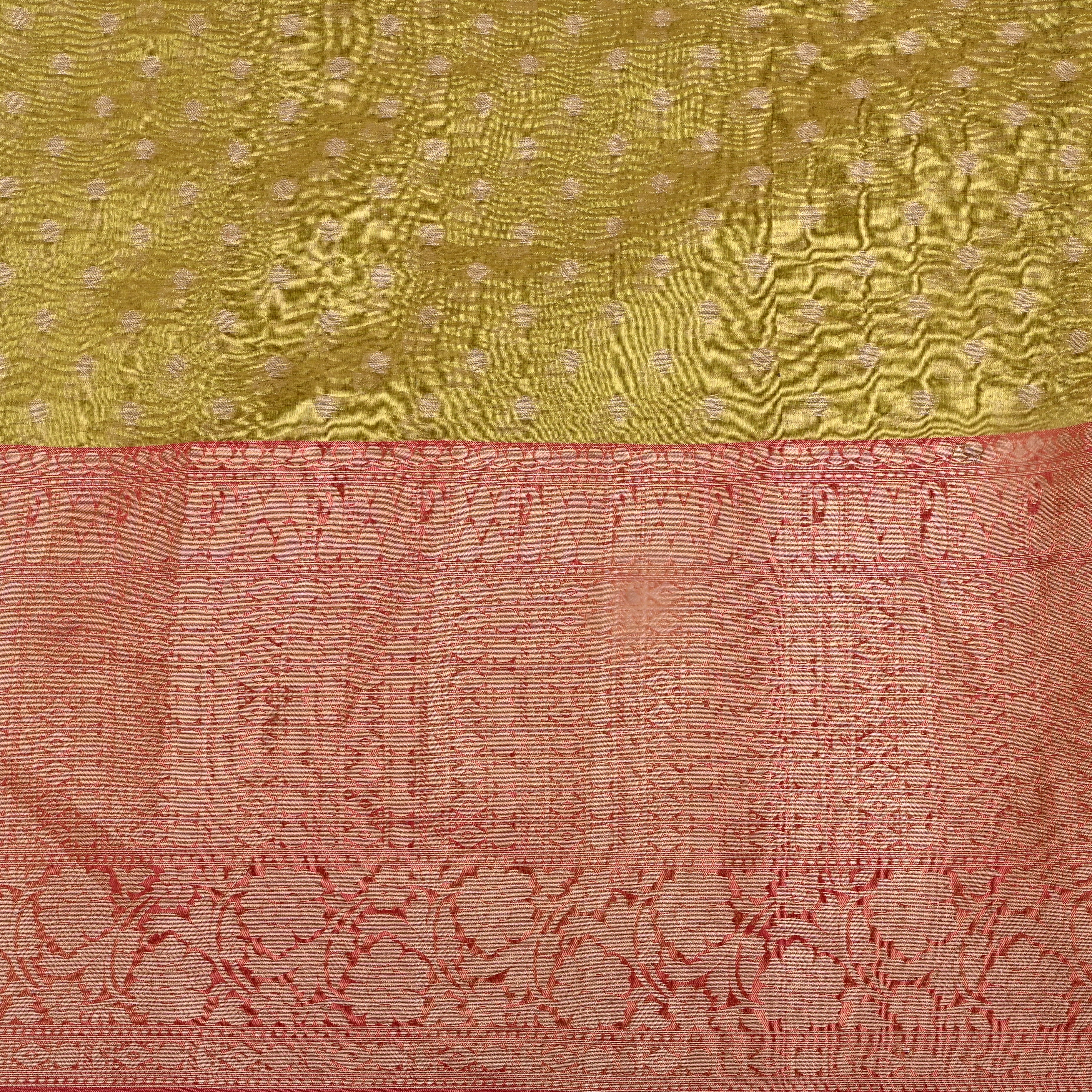 Mehendi Green Jamawar Tissue With Pink Kalka Border