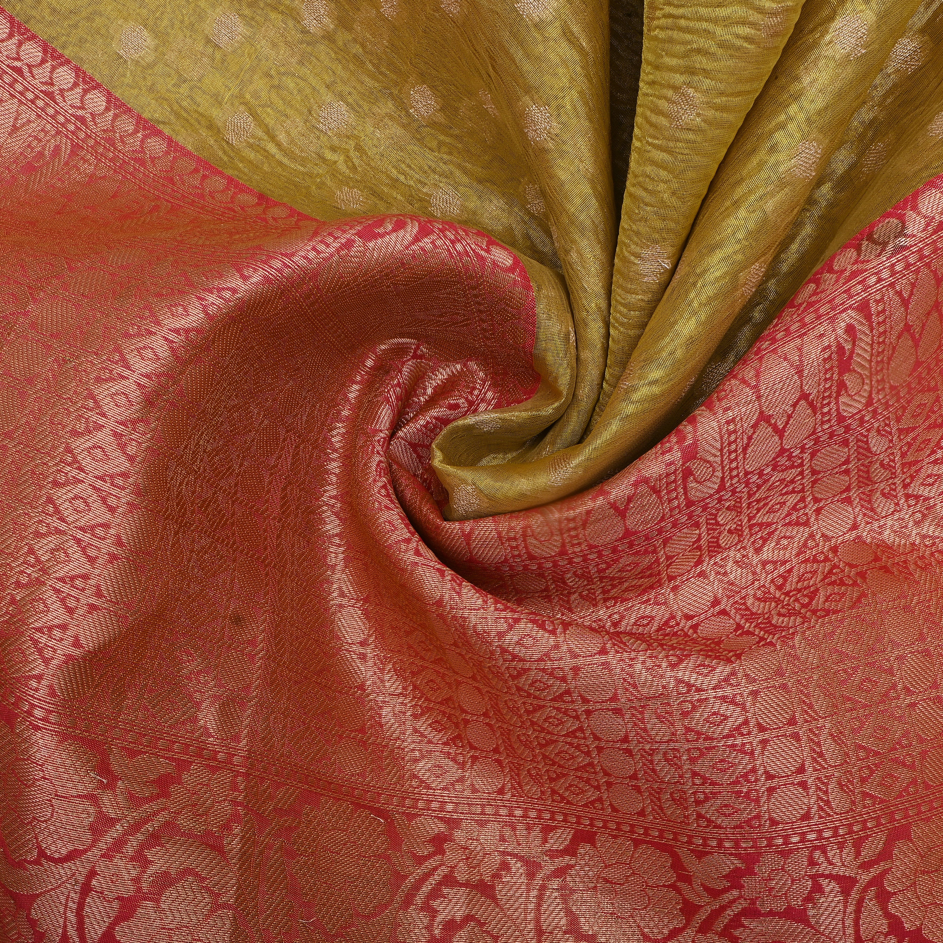 Mehendi Green Jamawar Tissue With Pink Kalka Border