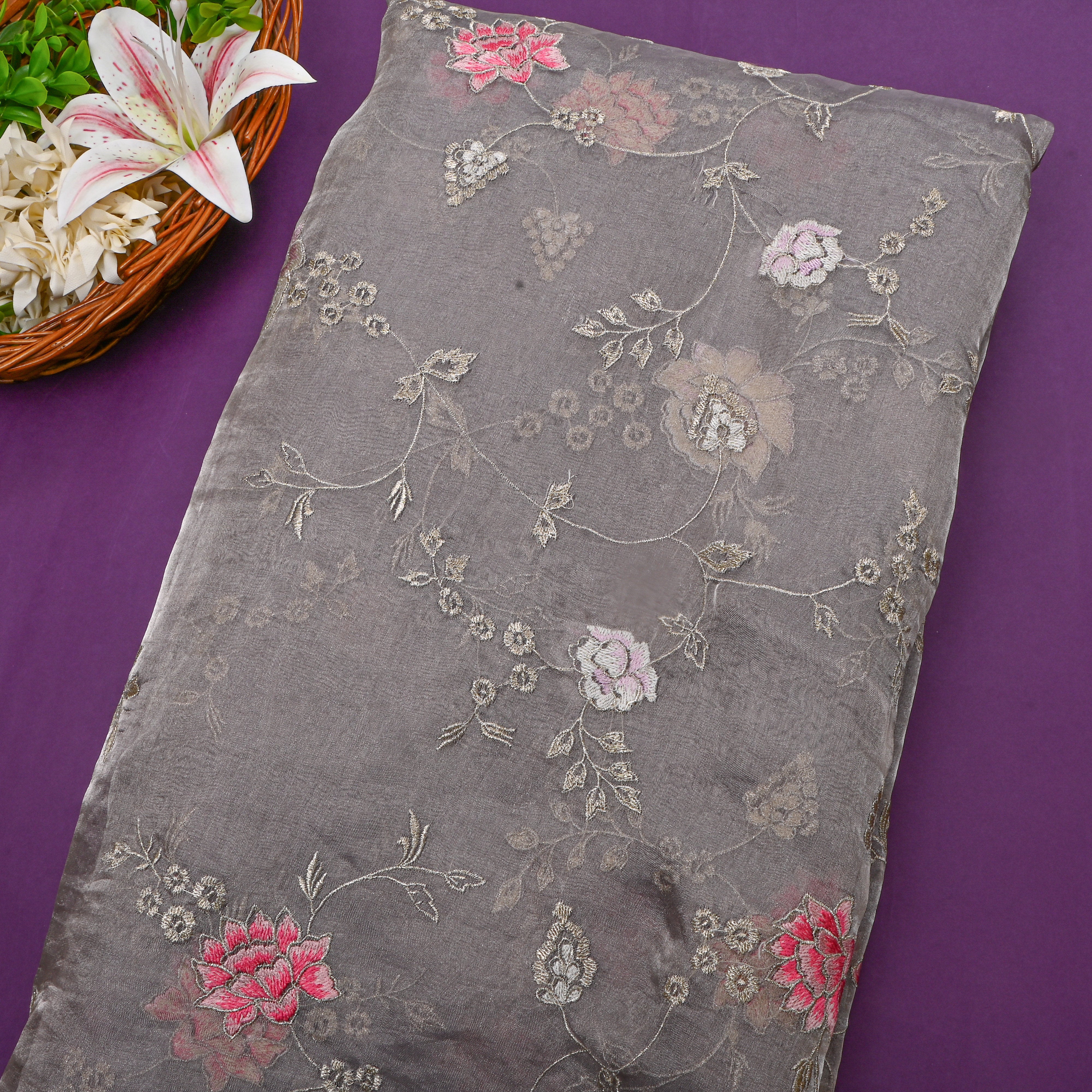 Light Gray Floral Silver Zari Tissue Fabric