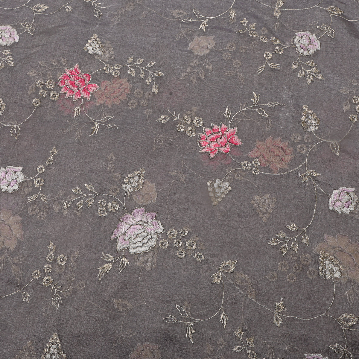 Light Gray Floral Silver Zari Tissue Fabric